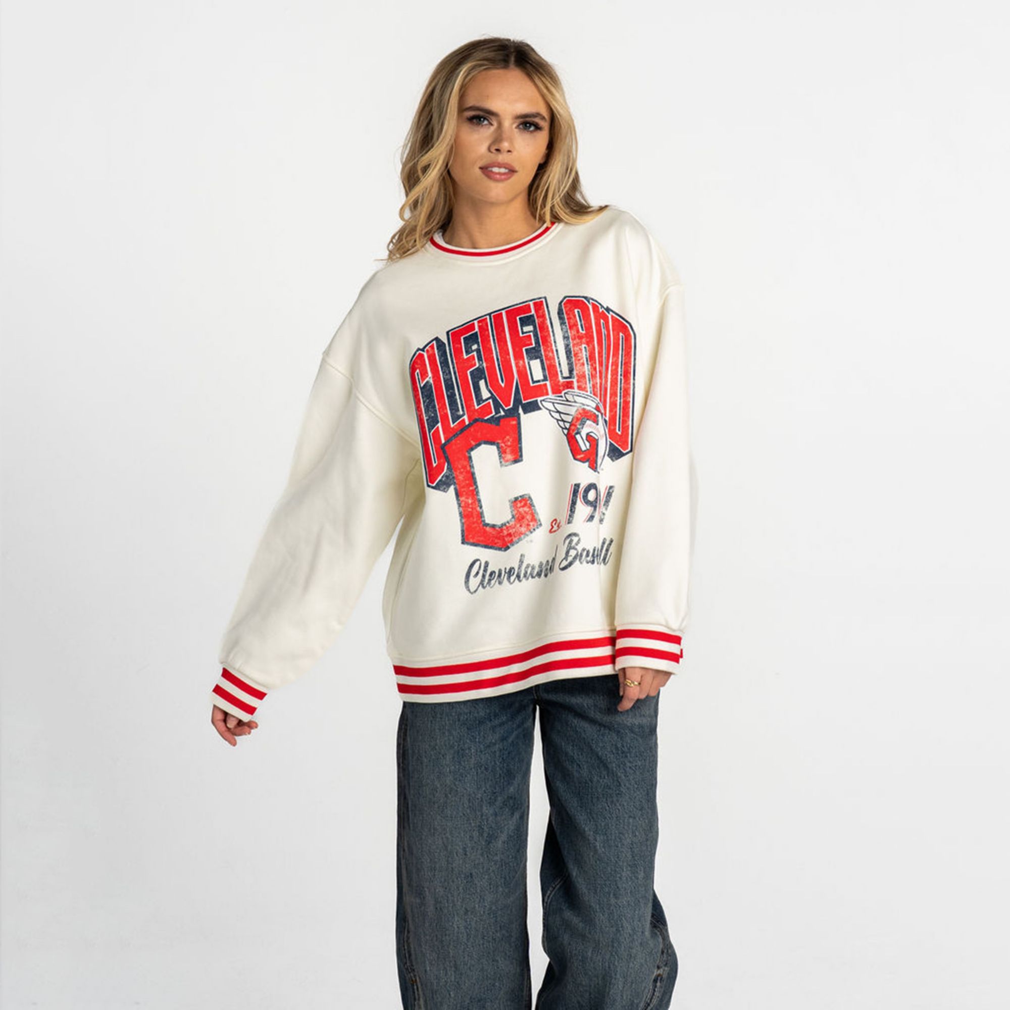 The Wild Collective Women's Cleveland Guardians White Vintage Ringer Pullover Crewneck Sweatshirt product image