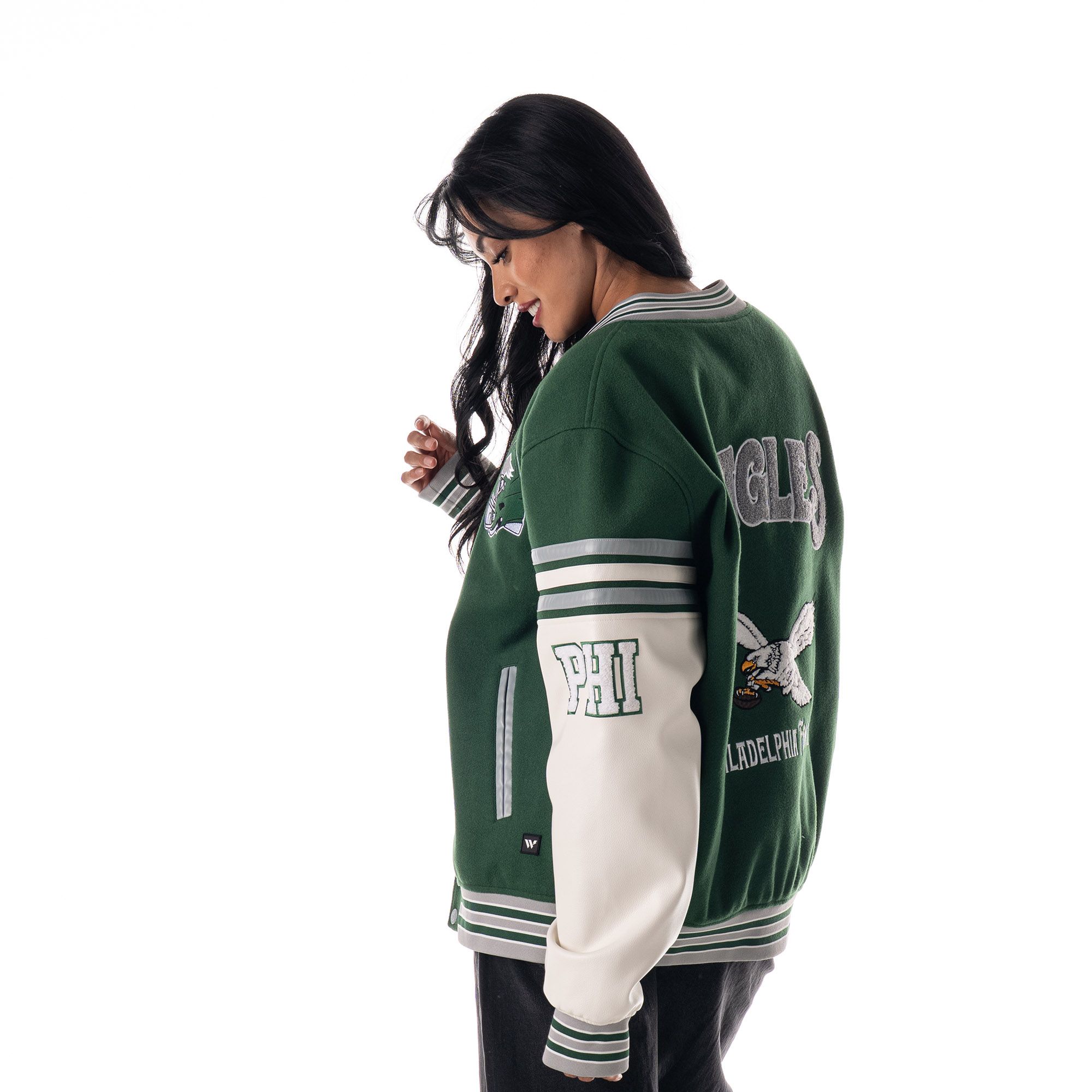 The Wild Collective Women's Philadelphia Eagles Kelly Green Varsity Jacket product image