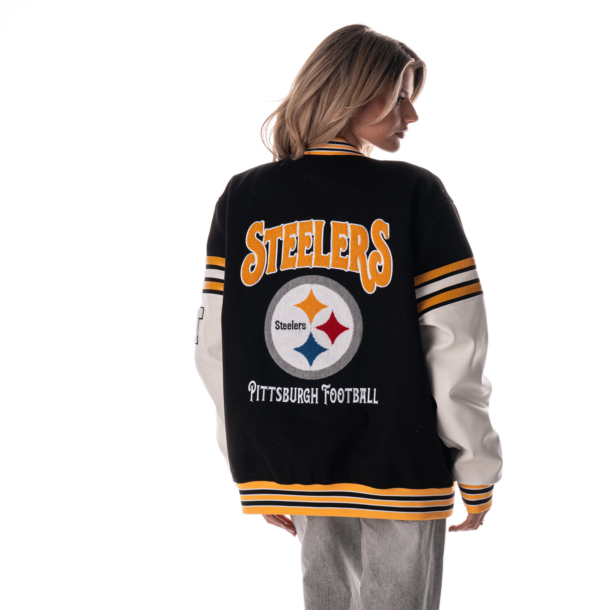 The Wild Collective Women's Pittsburgh Steelers Black Varsity Jacket product image