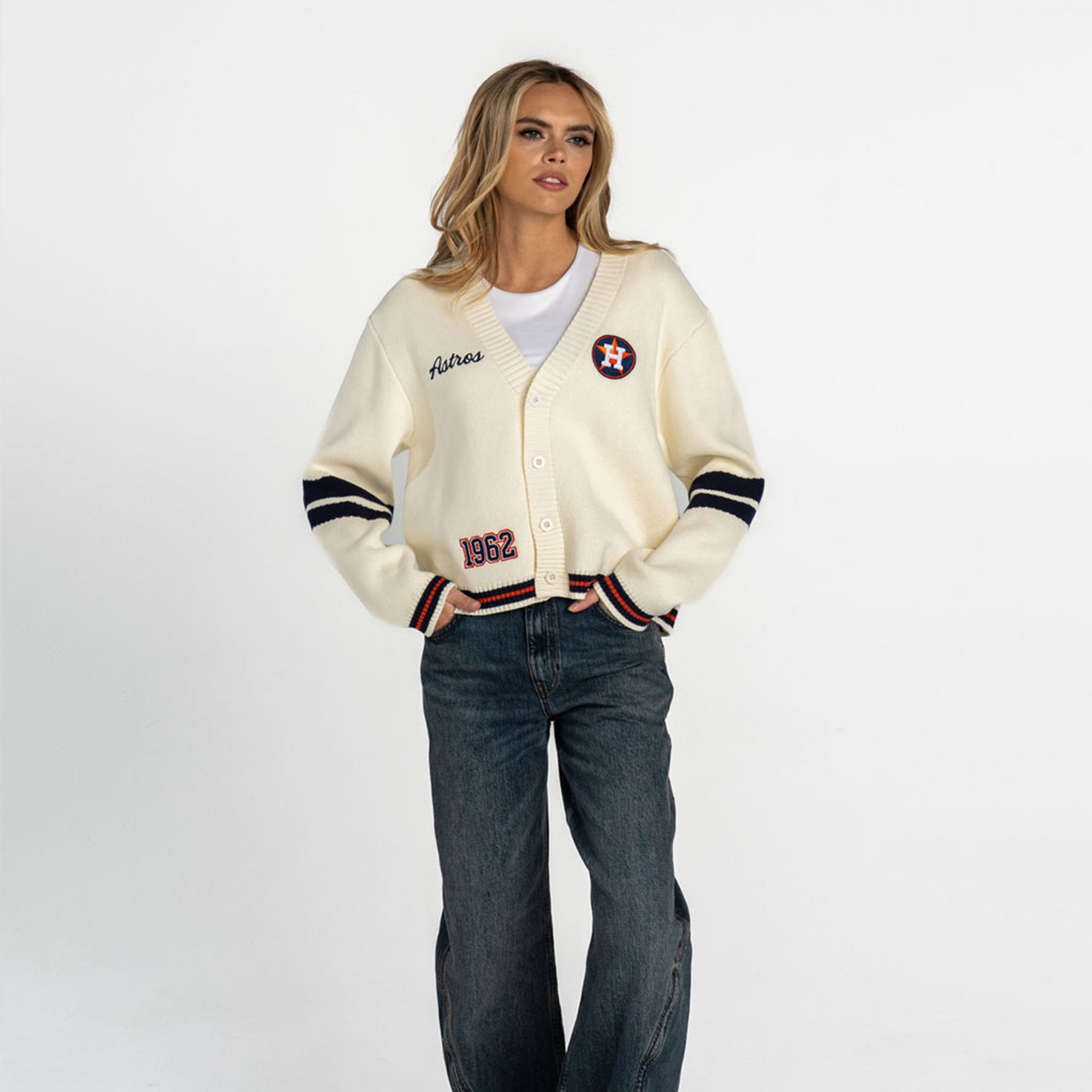 The Wild Collective Women's Houston Astros Cream Cropped Cardigan Sweater product image