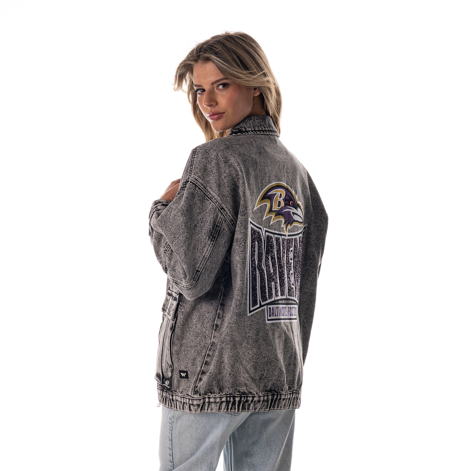 The Wild Collective Women's Baltimore Ravens Grey Denim Crystal Rock Denim Jacket product image