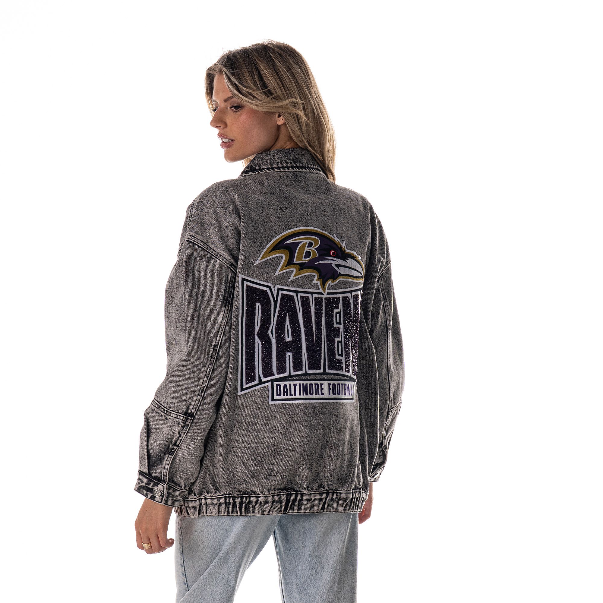 The Wild Collective Women's Baltimore Ravens Grey Denim Crystal Rock Denim Jacket product image