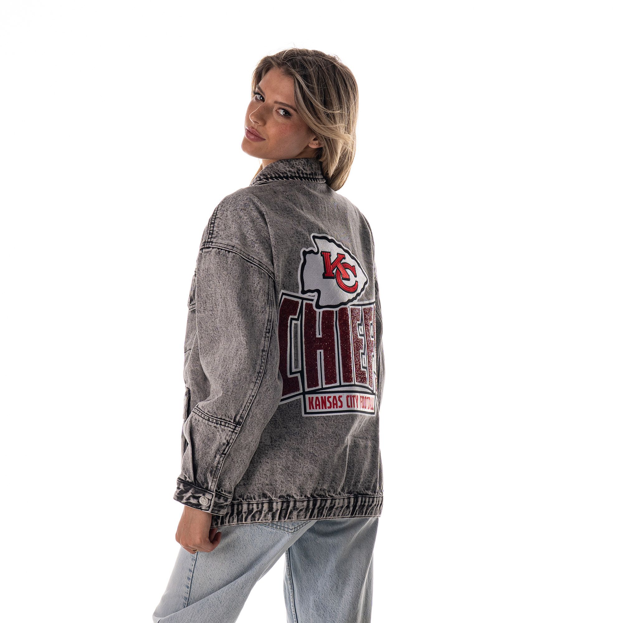 The Wild Collective Women's Kansas City Chiefs Grey Denim Crystal Rock Denim Jacket product image