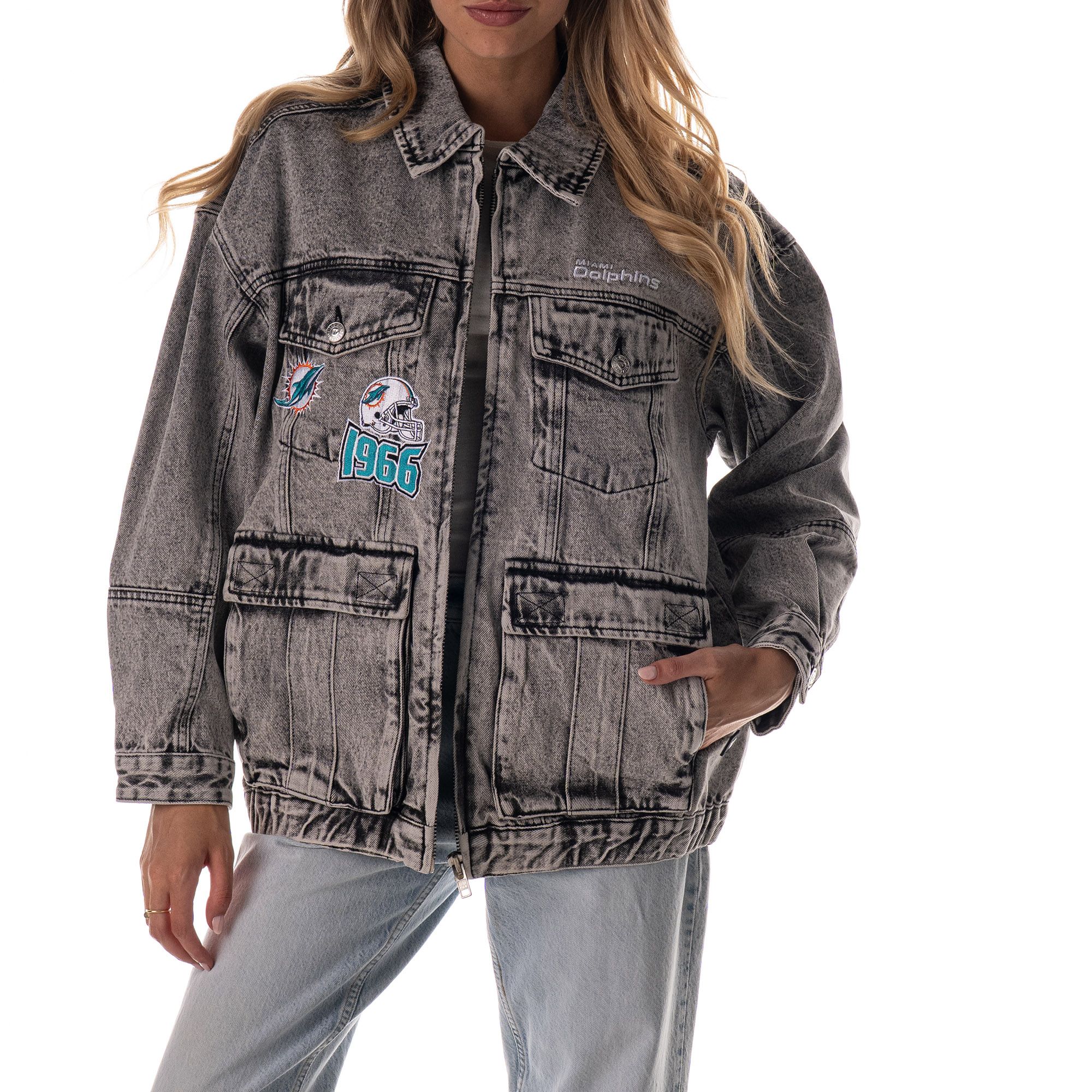 The Wild Collective Women's Miami Dolphins Grey Denim Crystal Rock Denim Jacket product image