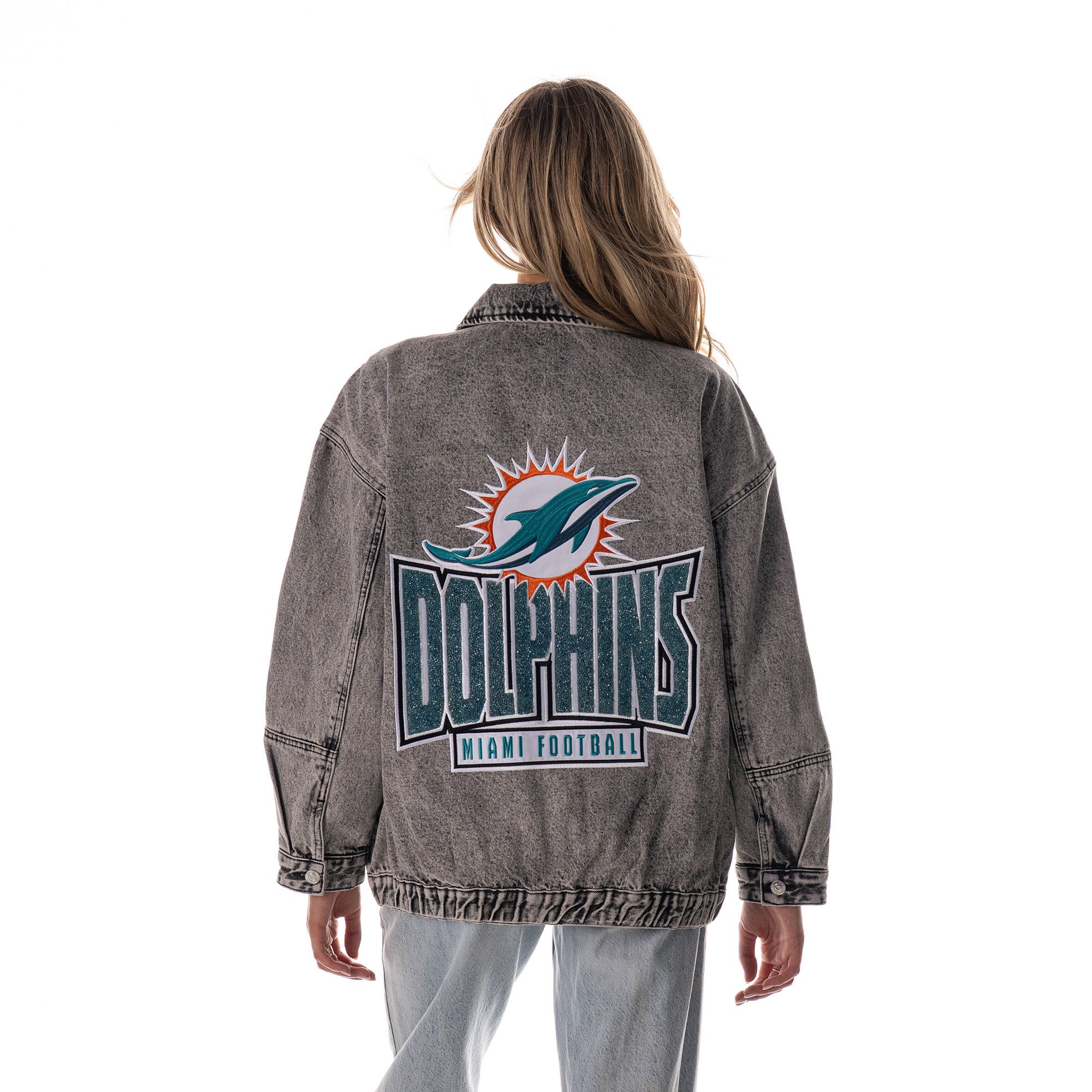 The Wild Collective Women's Miami Dolphins Grey Denim Crystal Rock Denim Jacket product image
