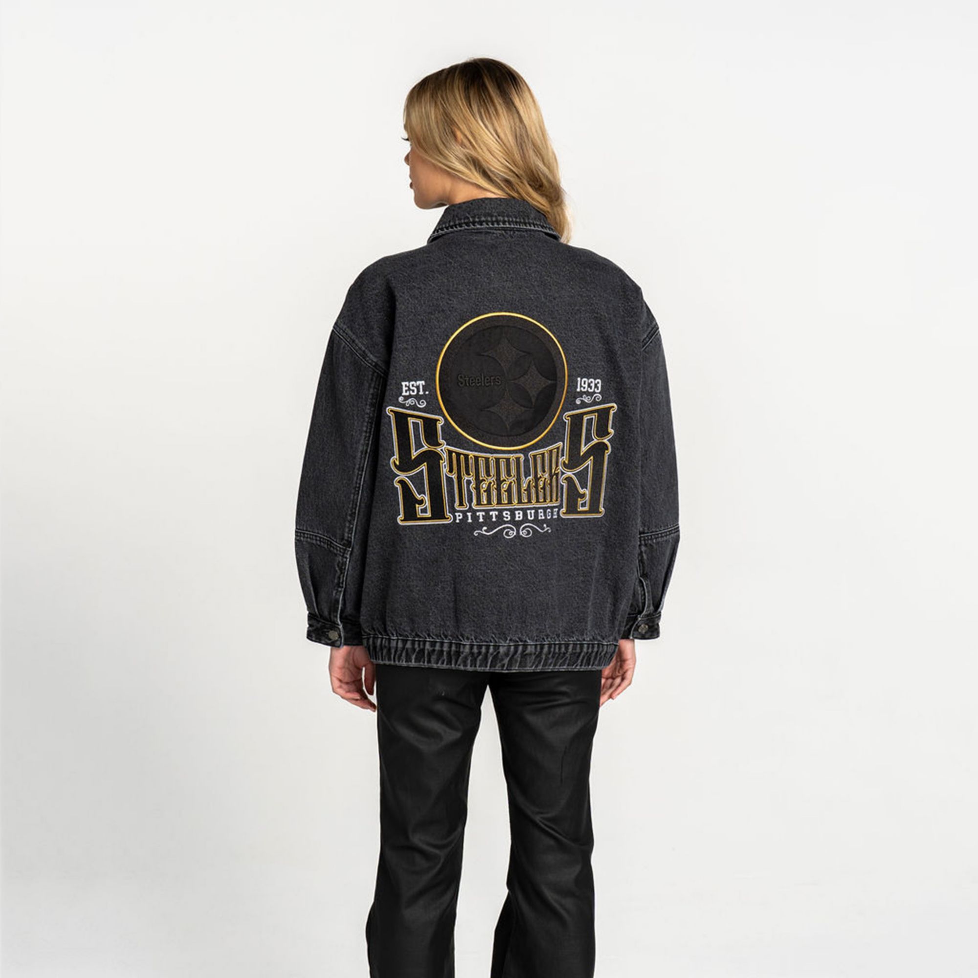 The Wild Collective Women's Pittsburgh Steelers Black Oversized Denim Jacket product image