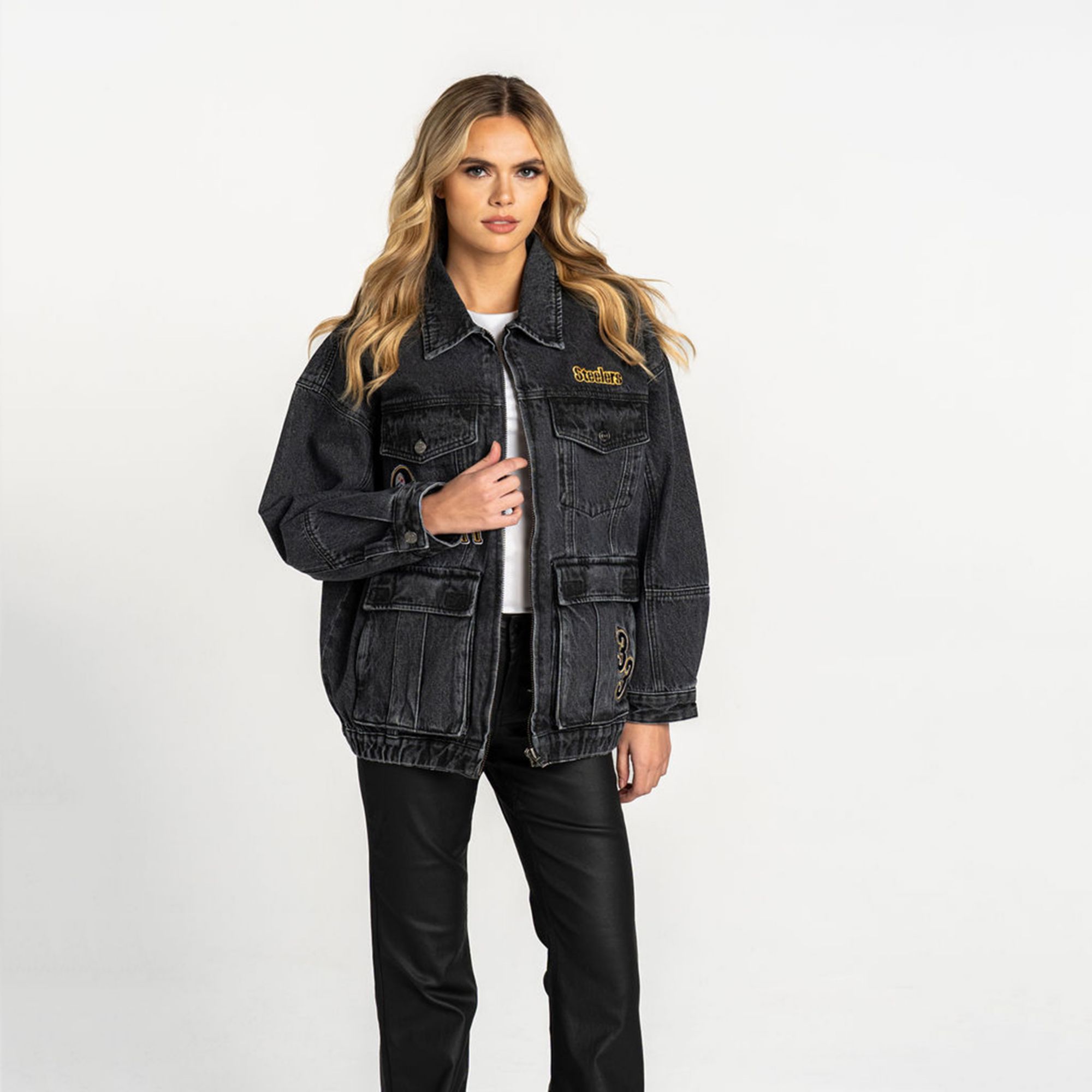 The Wild Collective Women's Pittsburgh Steelers Black Oversized Denim Jacket product image