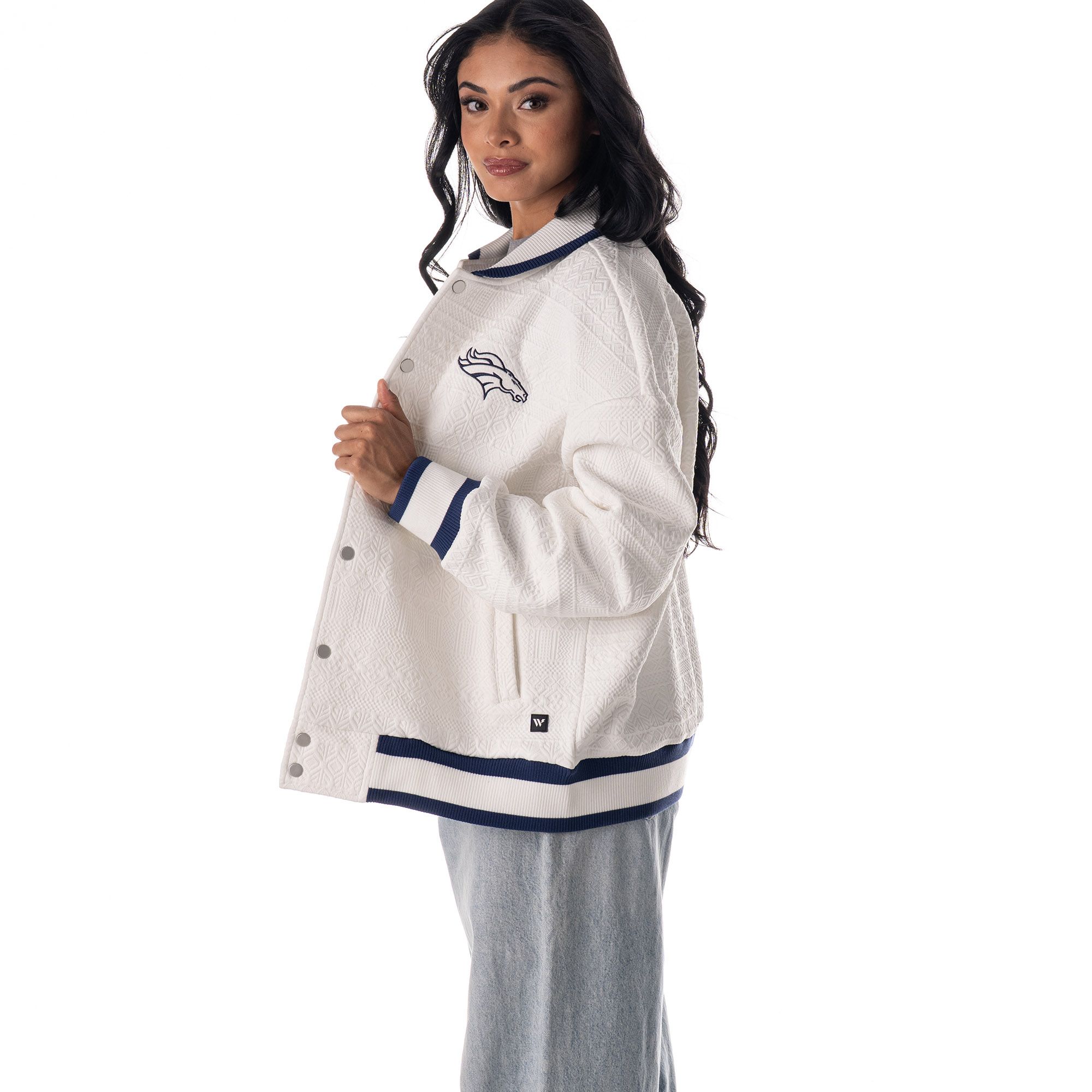 The Wild Collective Women's Denver Broncos Vintage White Knit Bomber Jacket product image