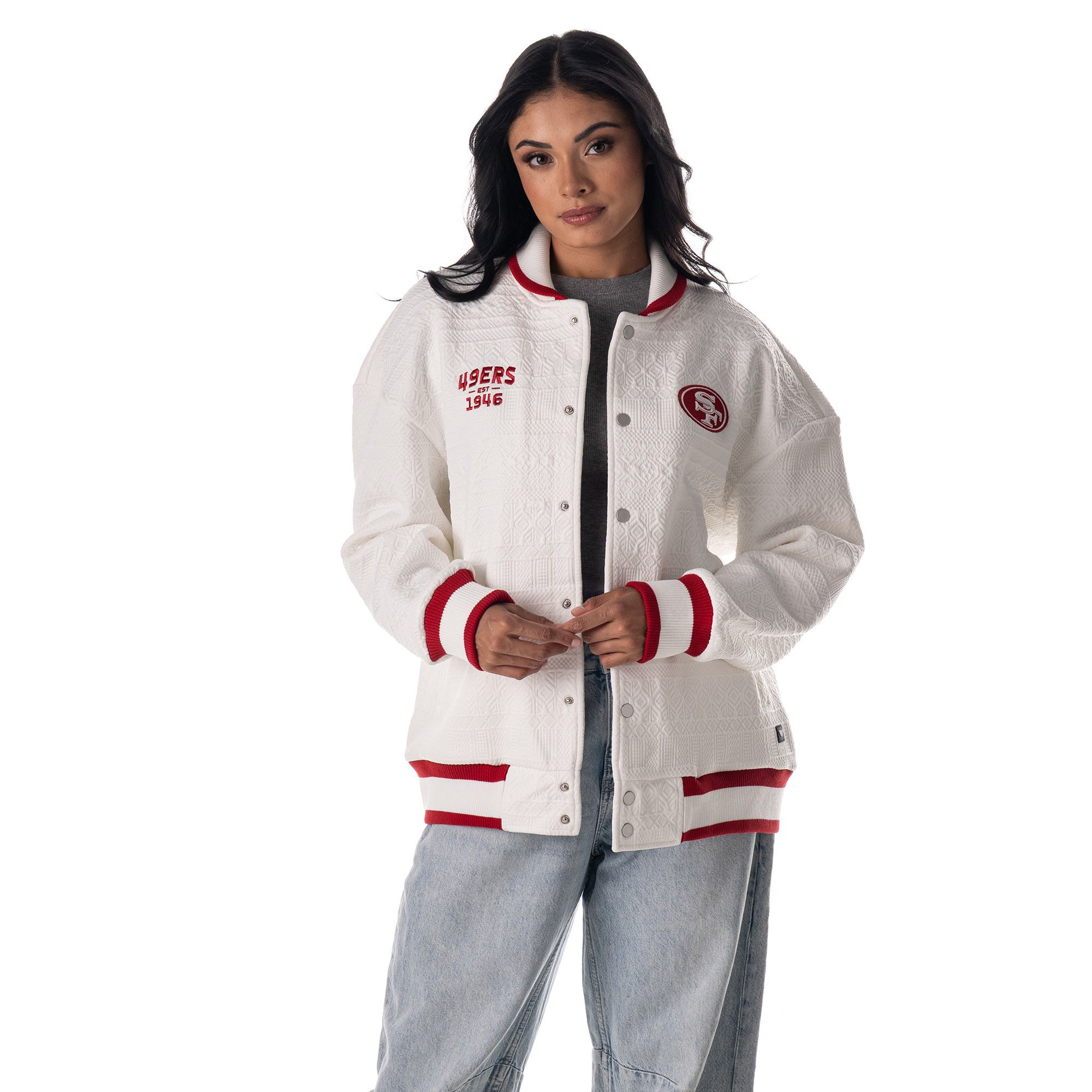 The Wild Collective Women's San Francisco 49ers Vintage White Knit Bomber Jacket product image