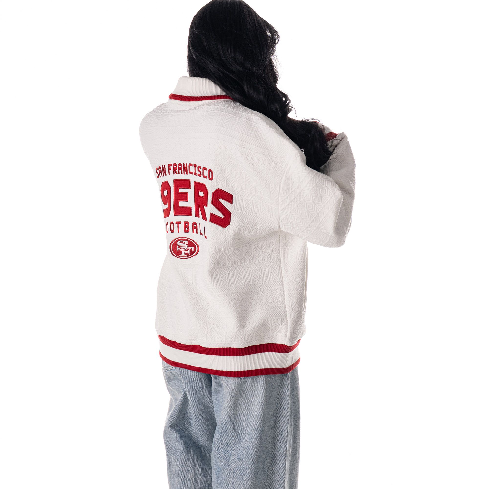 The Wild Collective Women's San Francisco 49ers Vintage White Knit Bomber Jacket product image