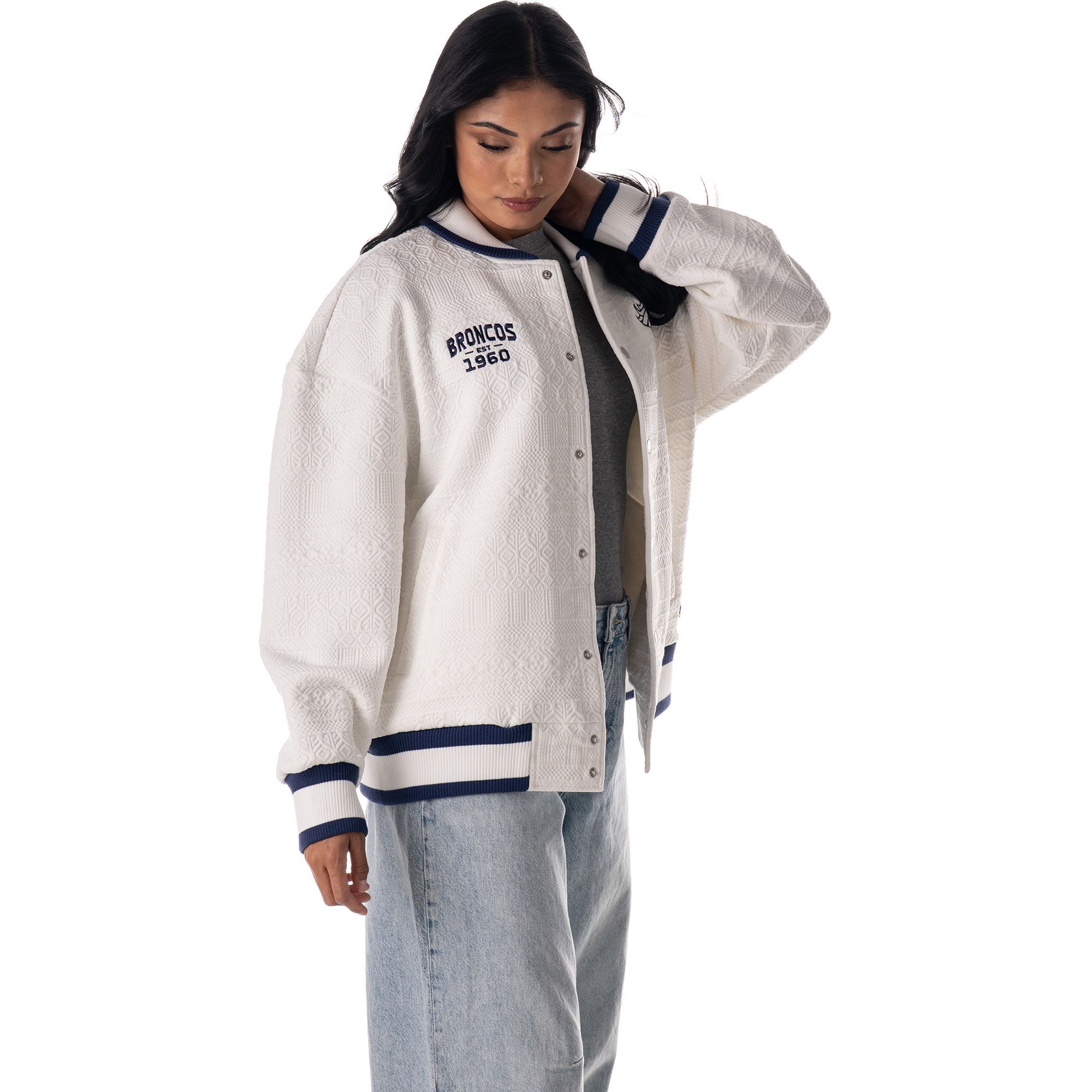 The Wild Collective Women's San Francisco 49ers Vintage White Knit Bomber Jacket product image