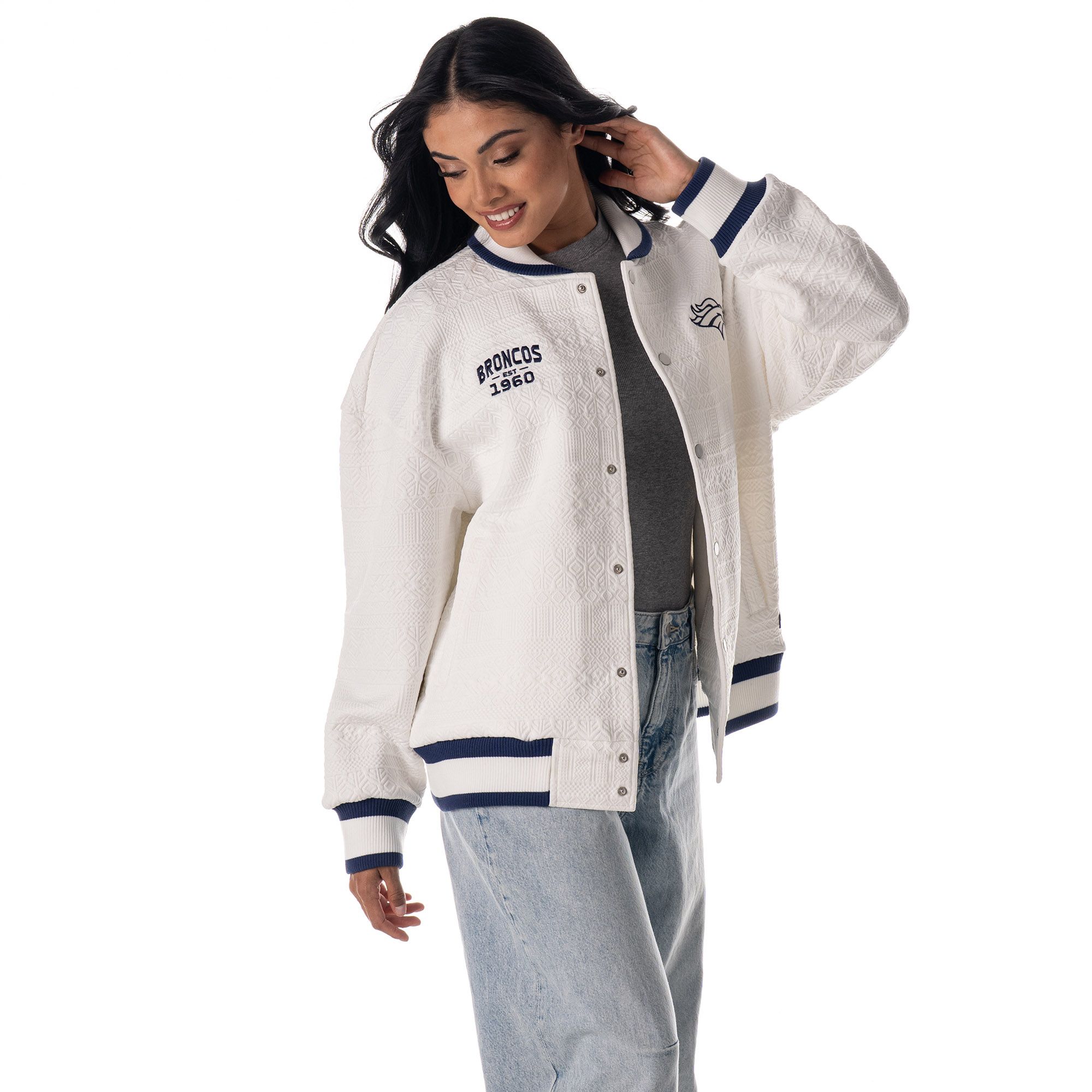 The Wild Collective Women's San Francisco 49ers Vintage White Knit Bomber Jacket product image