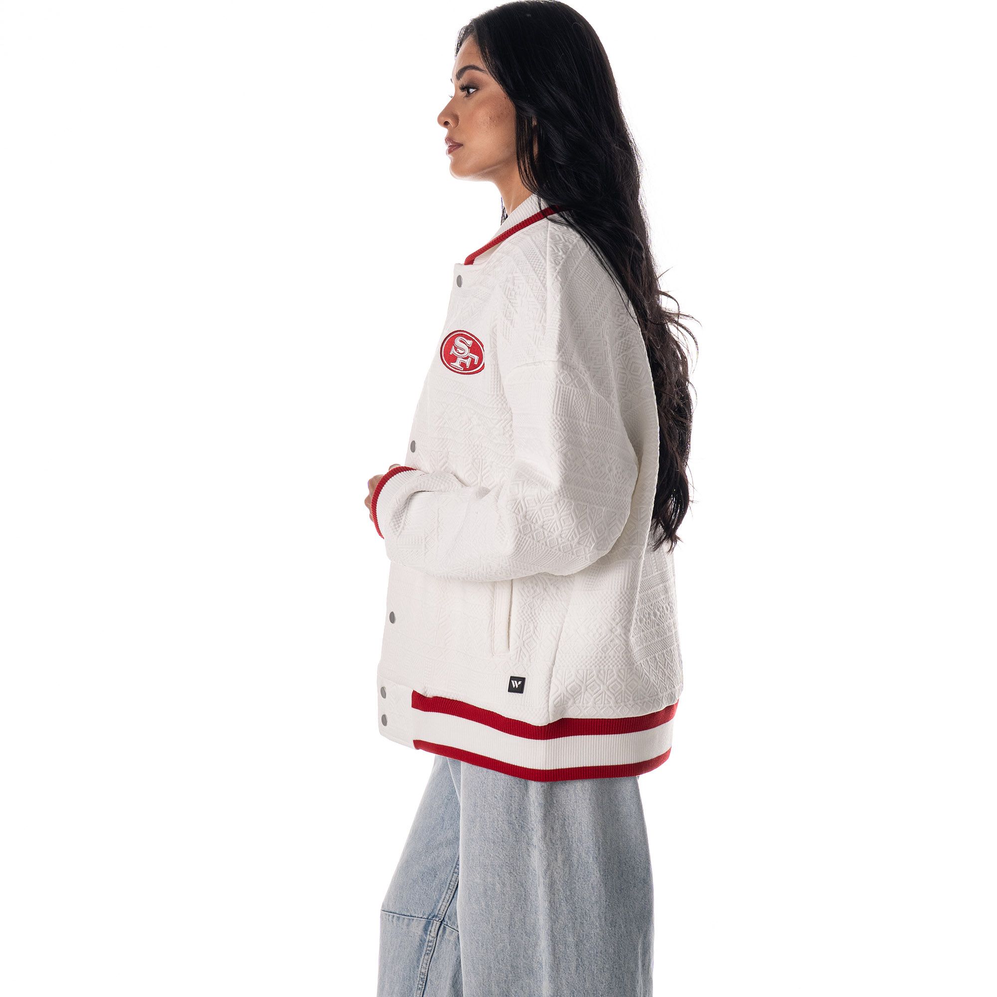 The Wild Collective Women's San Francisco 49ers Vintage White Knit Bomber Jacket product image