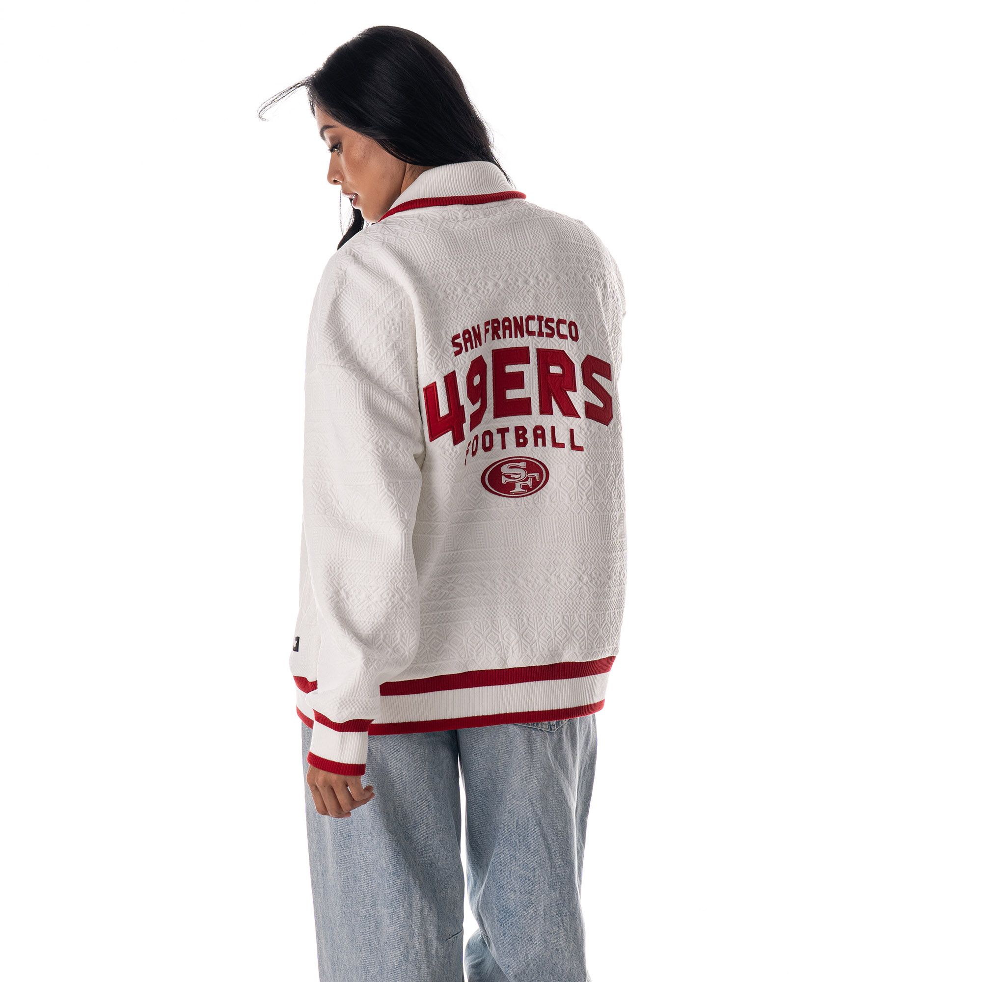 The Wild Collective Women's San Francisco 49ers Vintage White Knit Bomber Jacket product image