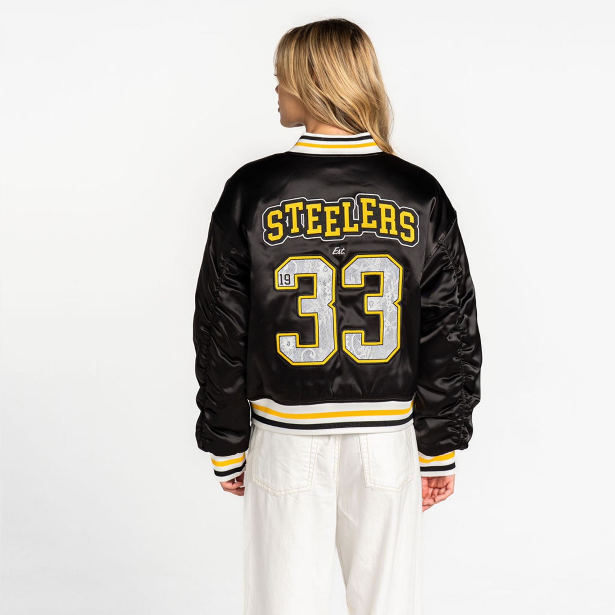 The Wild Collective Women's Pittsburgh Steelers Black Satin Bomber product image