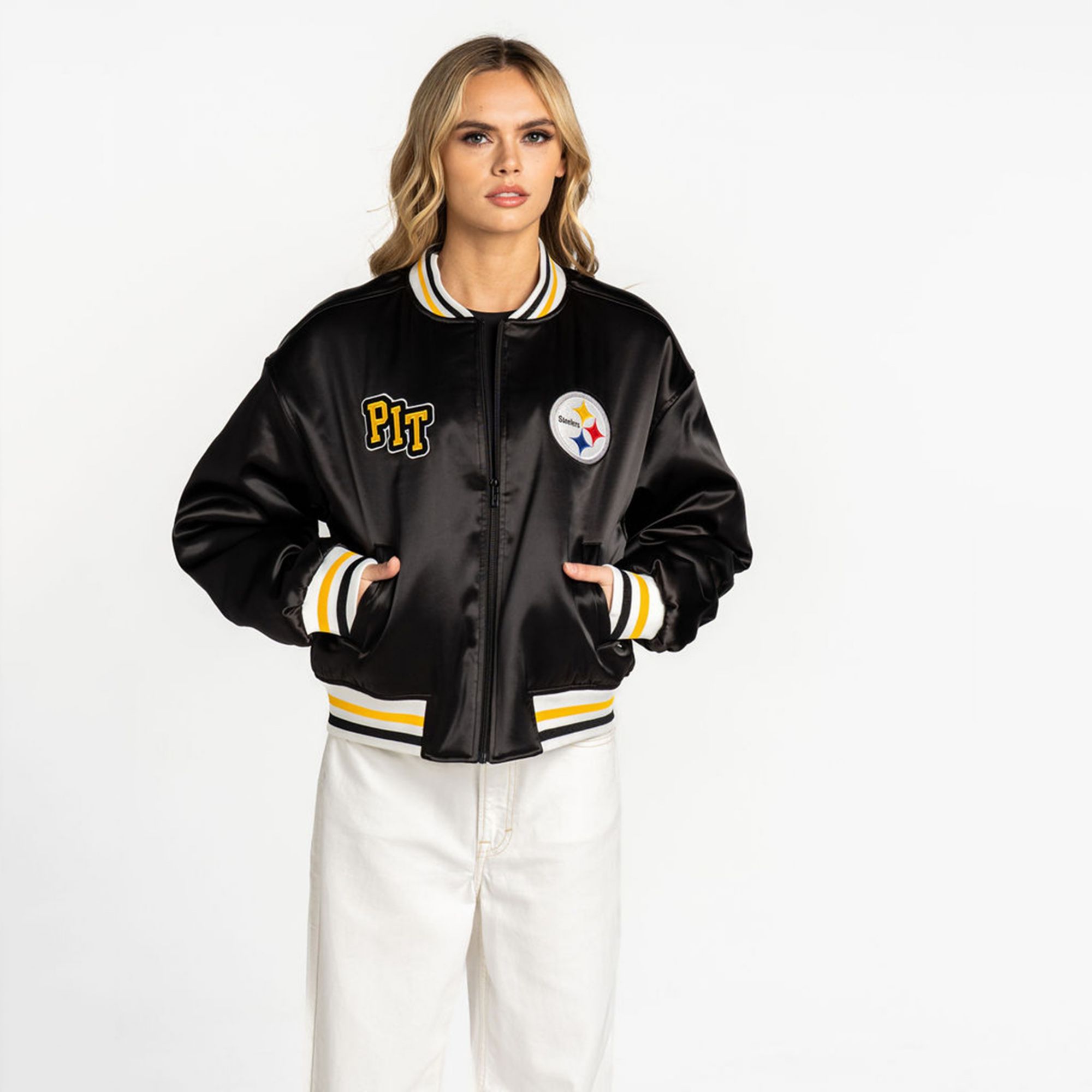 The Wild Collective Women's Pittsburgh Steelers Black Satin Bomber product image