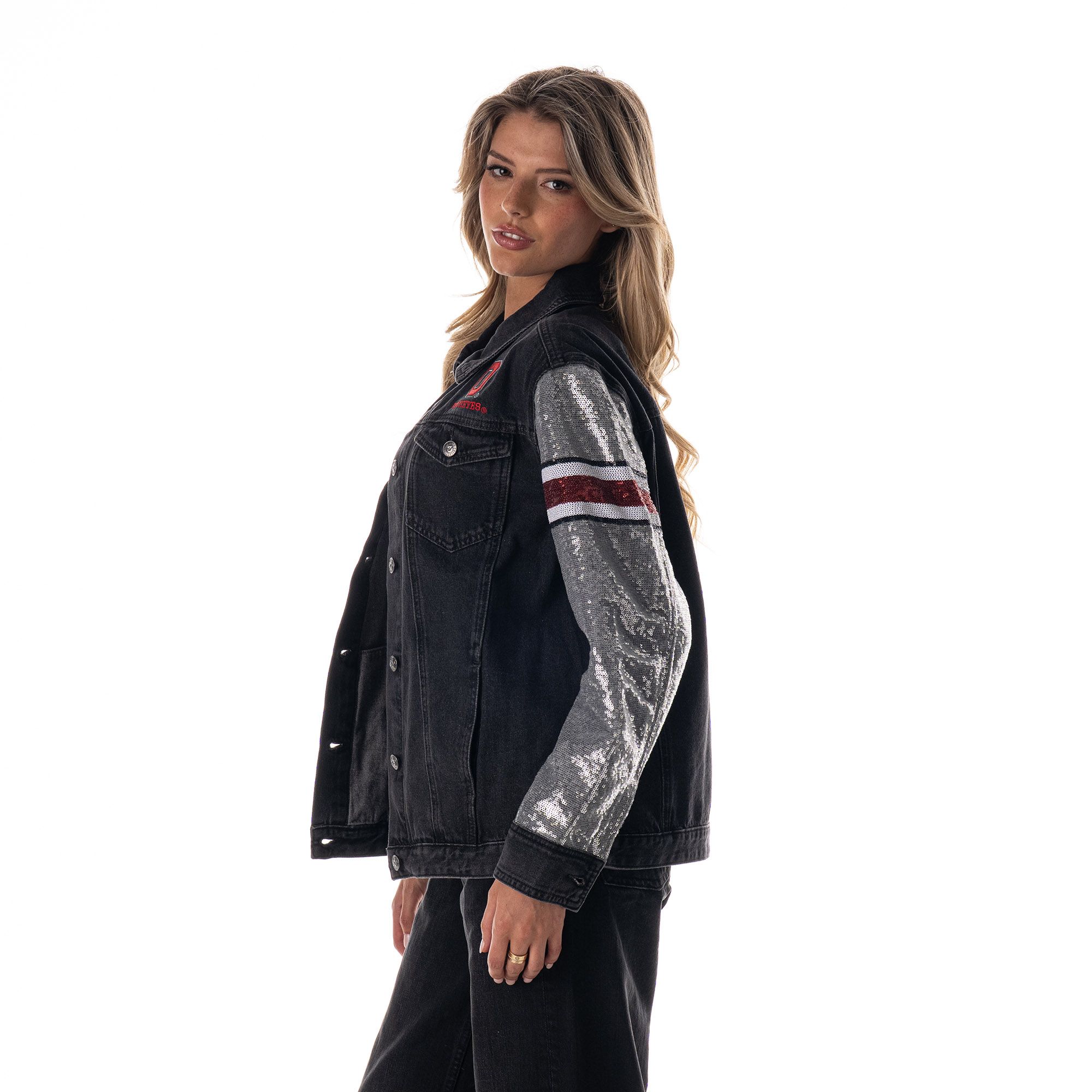The Wild Collective Women's Ohio State Buckeyes Black Sparkle Denim Jacket product image