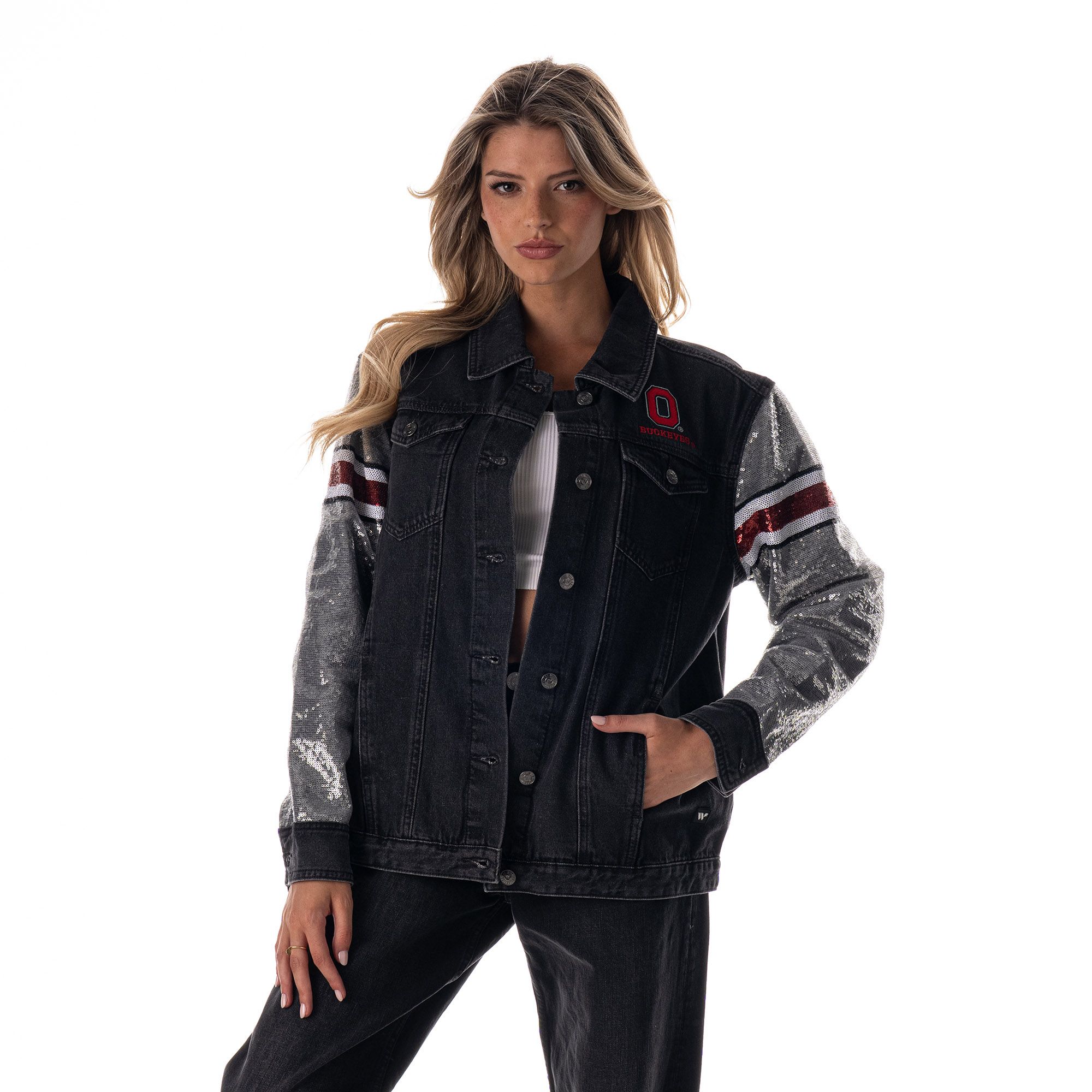 The Wild Collective Women's Ohio State Buckeyes Black Sparkle Denim Jacket product image