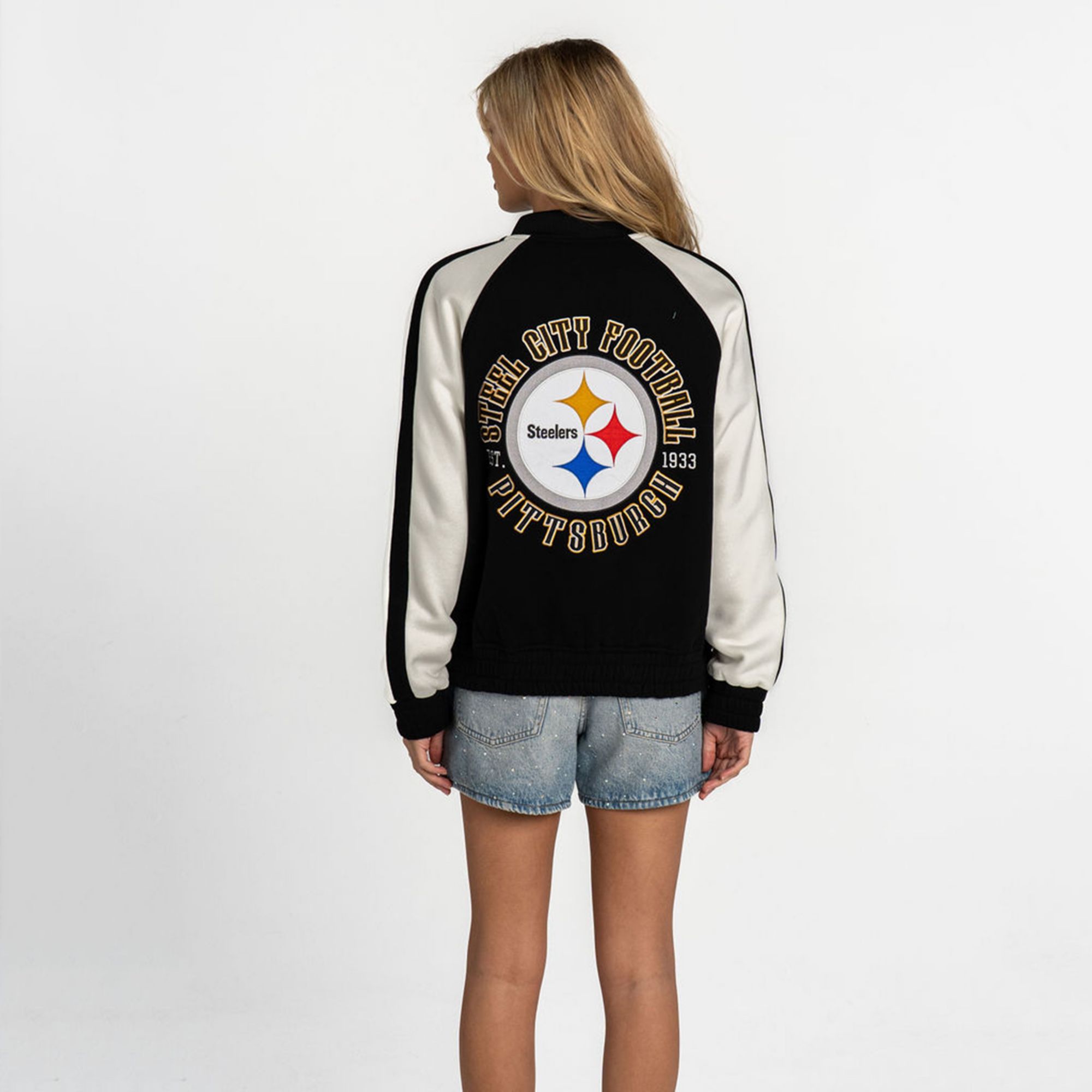 The Wild Collective Women's Pittsburgh Steelers Black Oversized Fleece Bomber product image