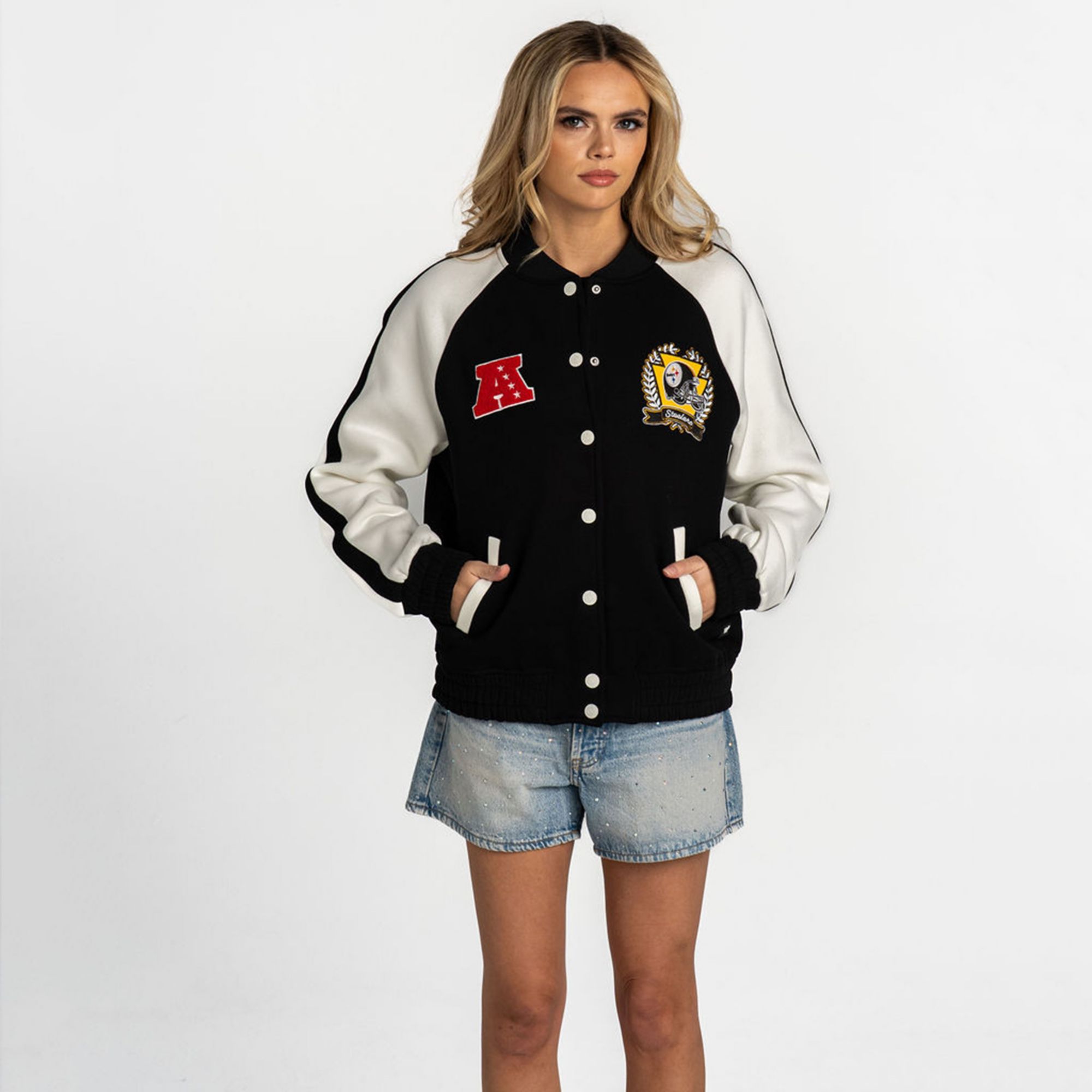 The Wild Collective Women's Pittsburgh Steelers Black Oversized Fleece Bomber product image