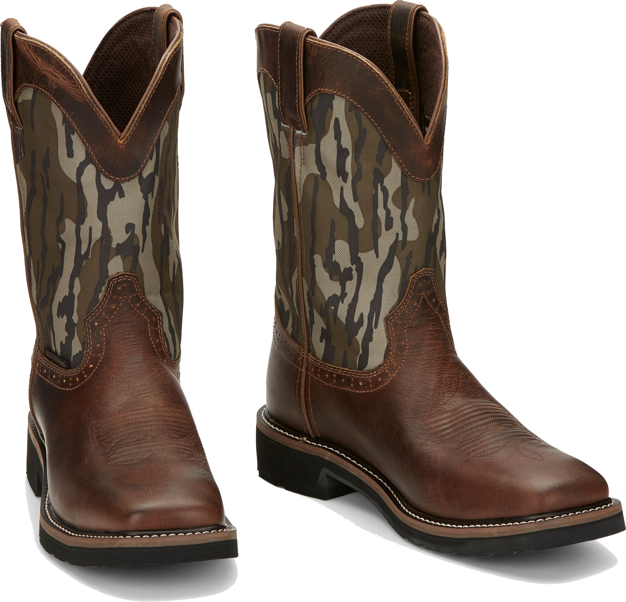 justin stampede camo waterproof work boot