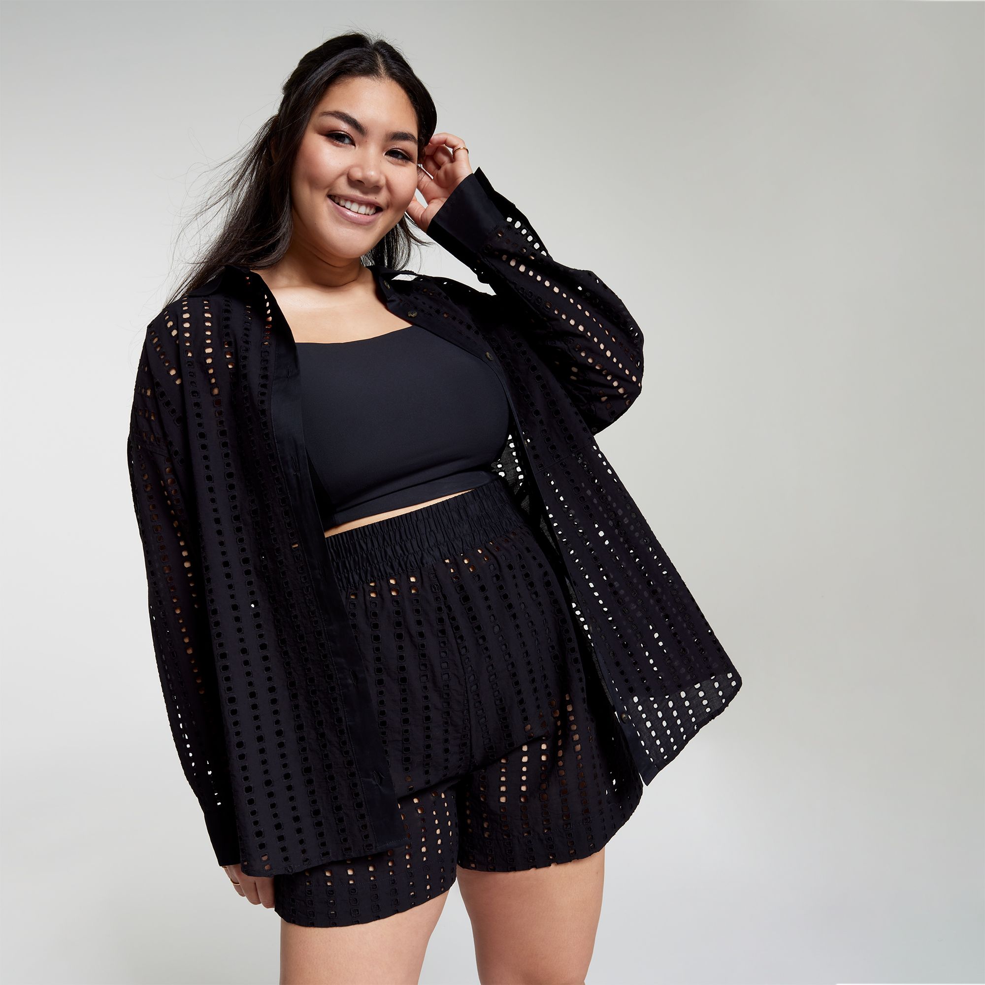 CALIA Women's Oversized Perforated Long Sleeve Button Down Cover Up product image