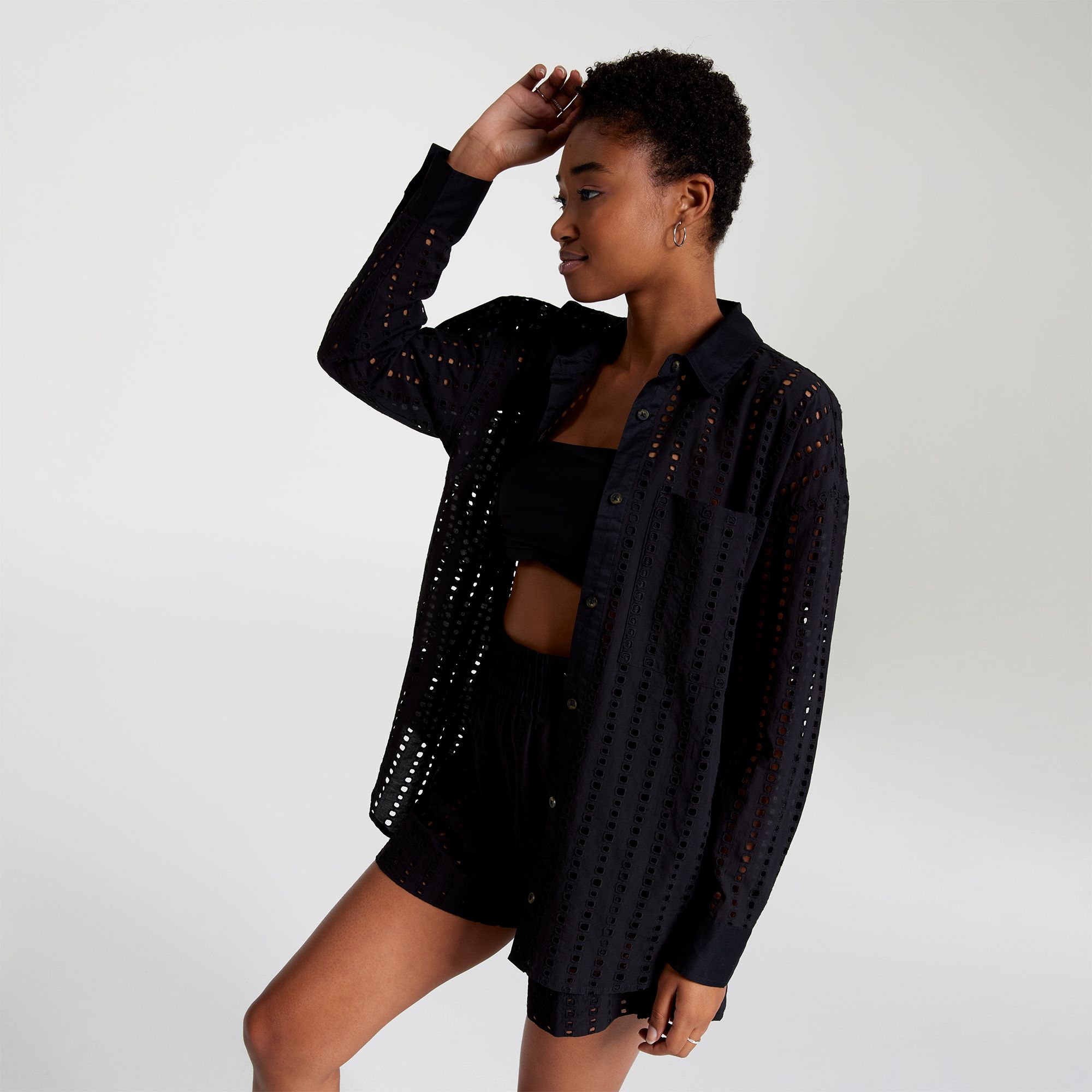 CALIA Women's Oversized Perforated Long Sleeve Button Down Cover Up product image