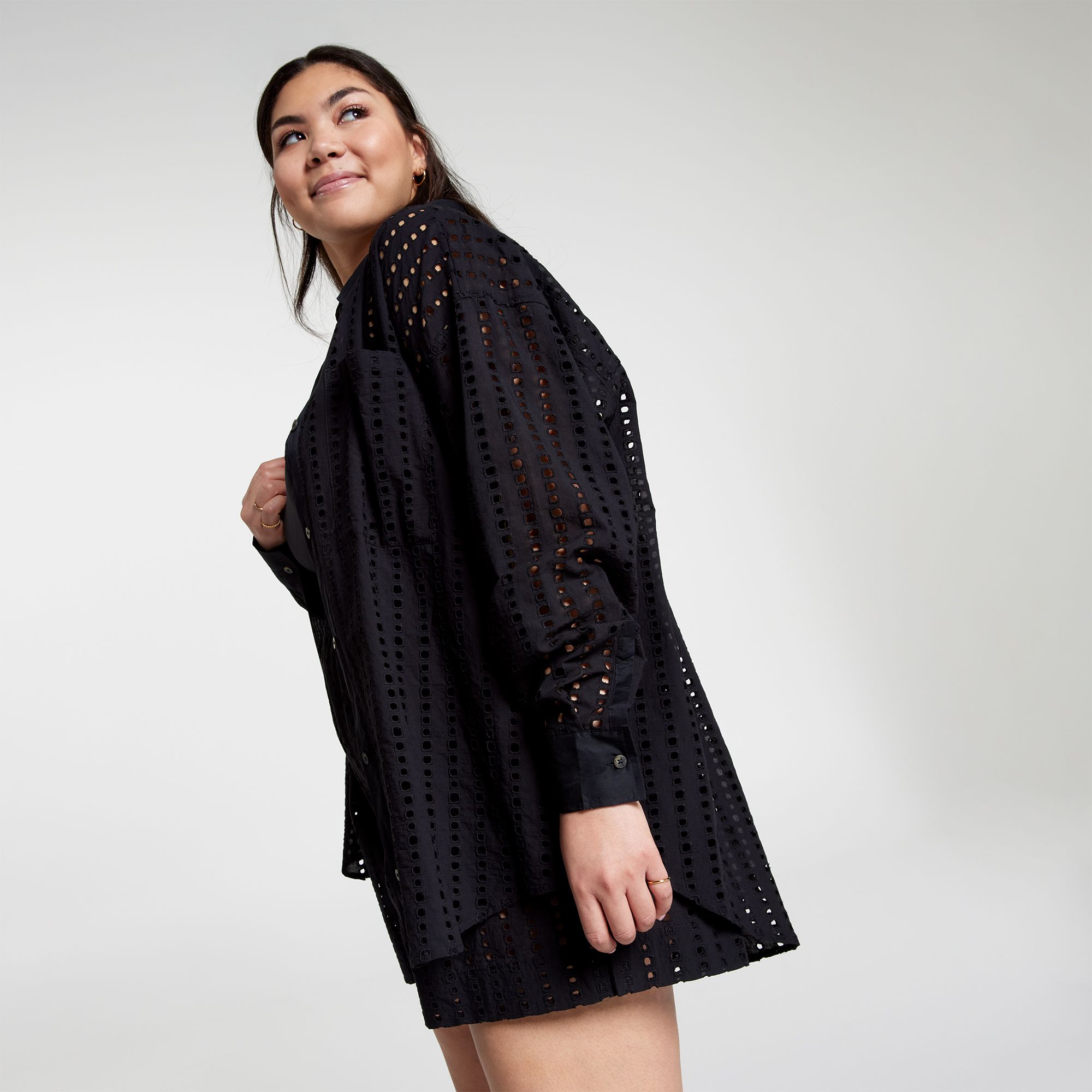 CALIA Women's Oversized Perforated Long Sleeve Button Down Cover Up product image