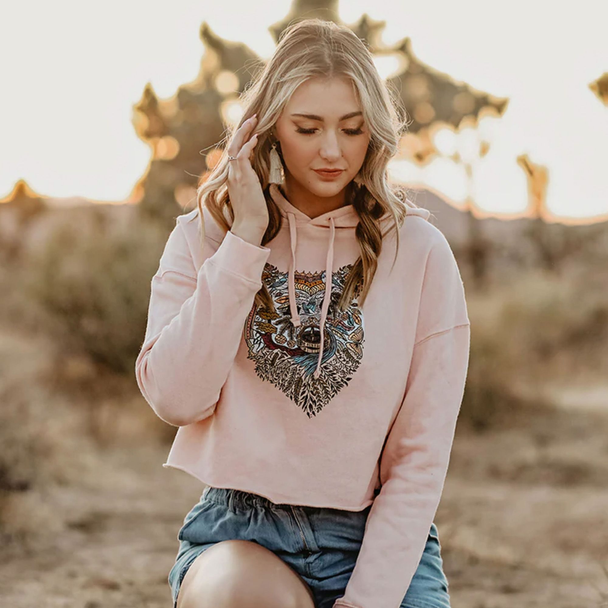 Wild Tribute Women's Boho Bear Crop Hoodie product image