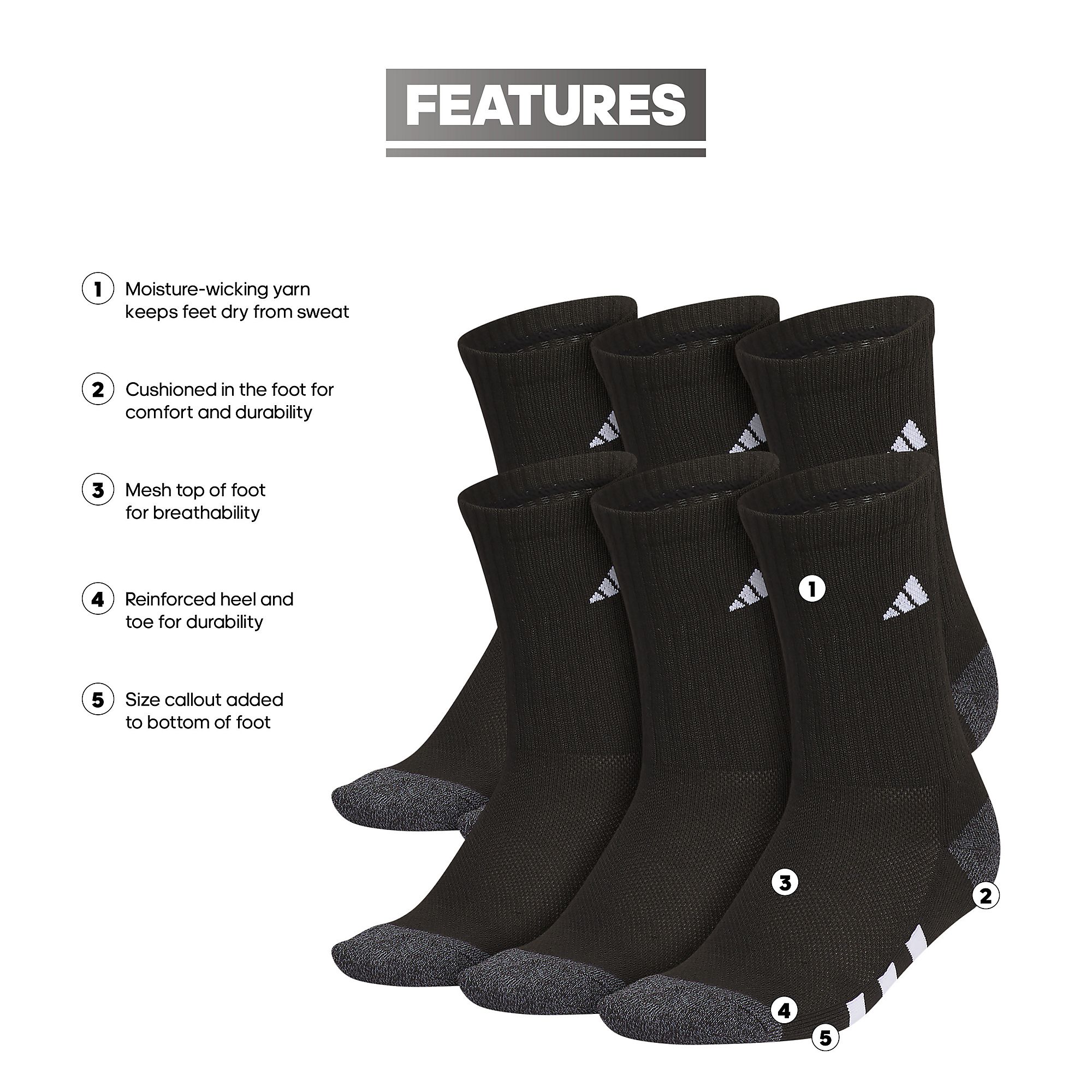 adidas Youth Athletic Cushioned 6-Pack Crew Socks product image