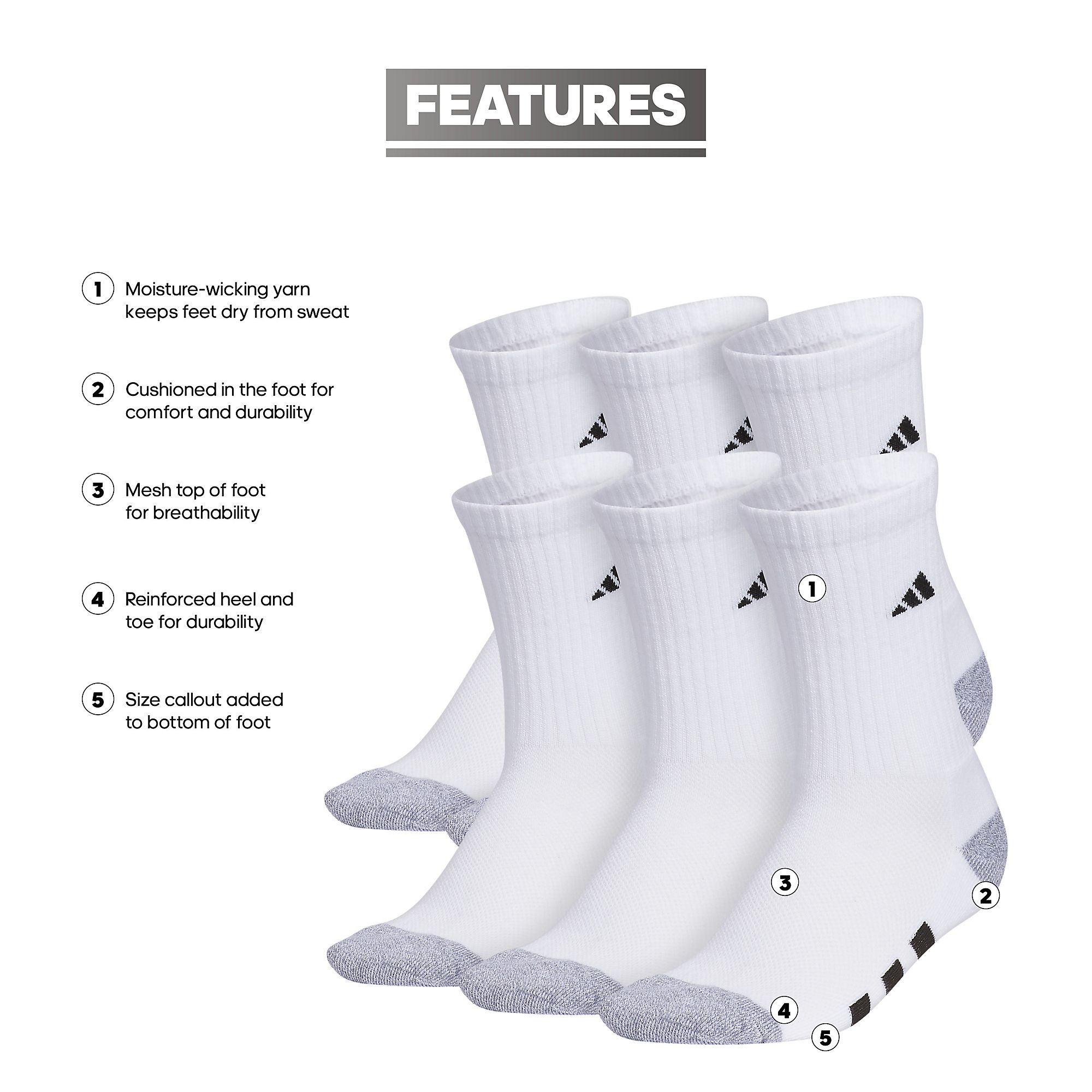 adidas Youth Athletic Cushioned 6-Pack Quarter Socks