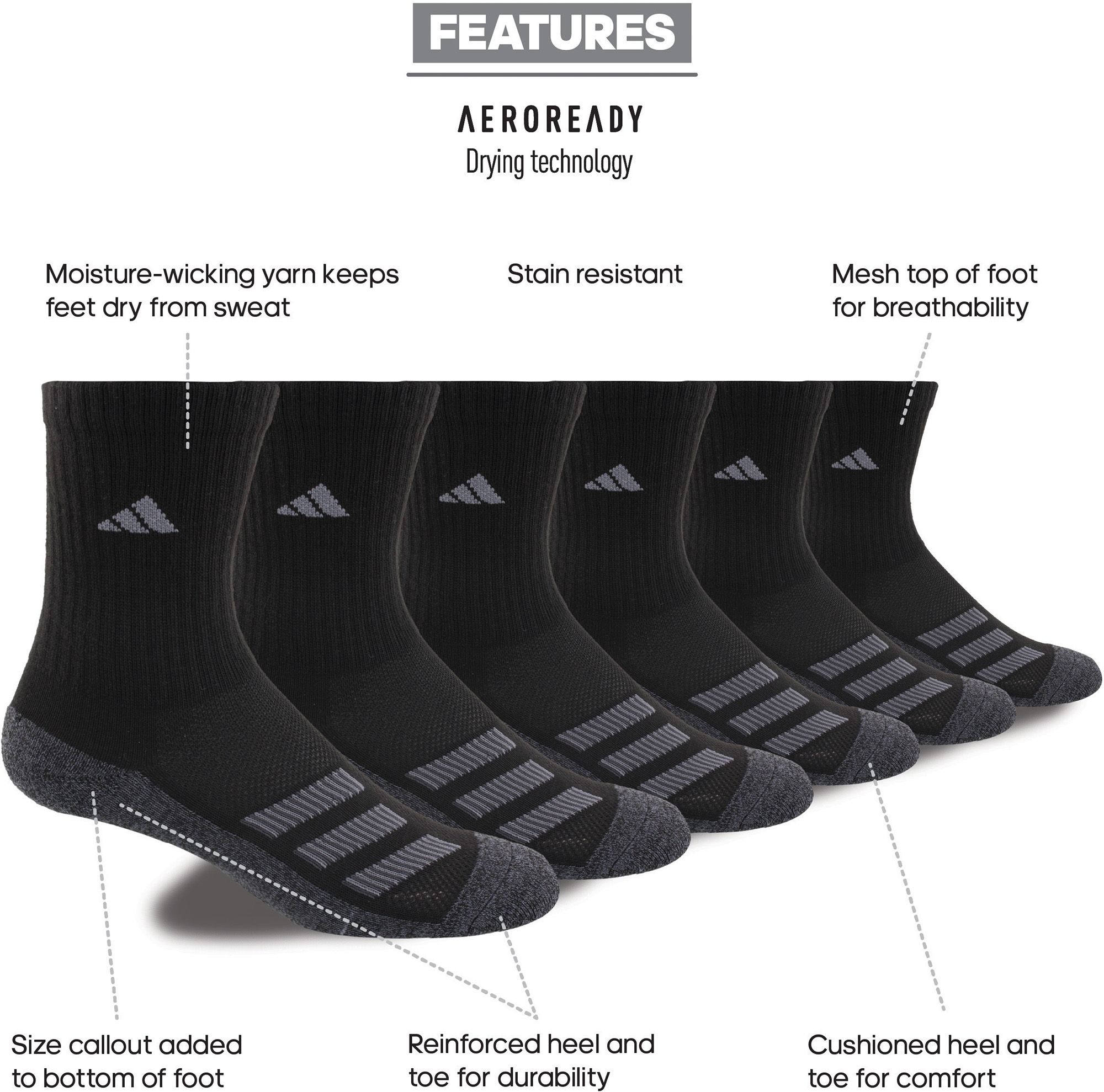 adidas Youth Cushioned Angle Stripe Quarter Socks – 6 Pack product image