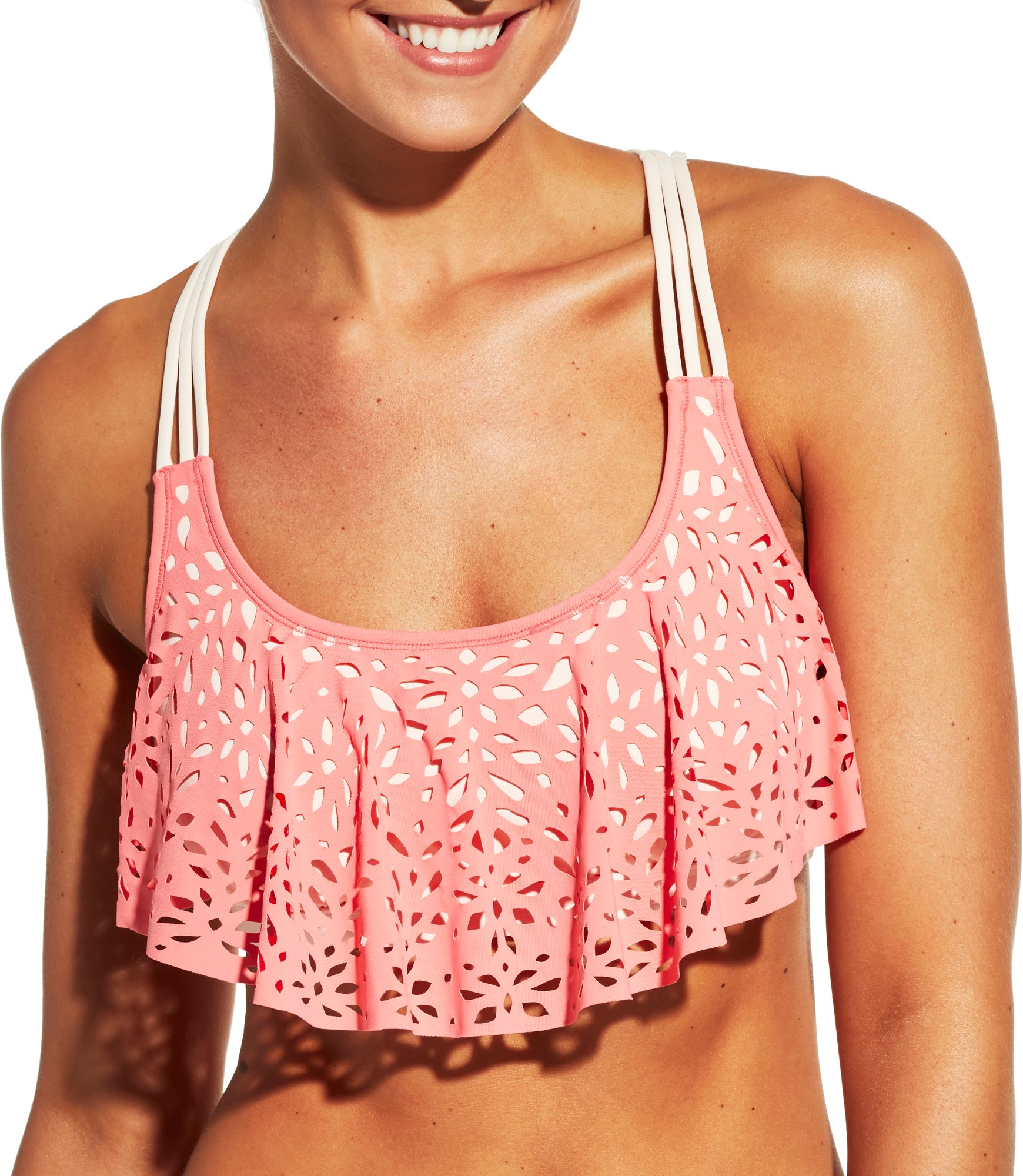 CALIA Women's Laser Cut Flounce Bikini Top