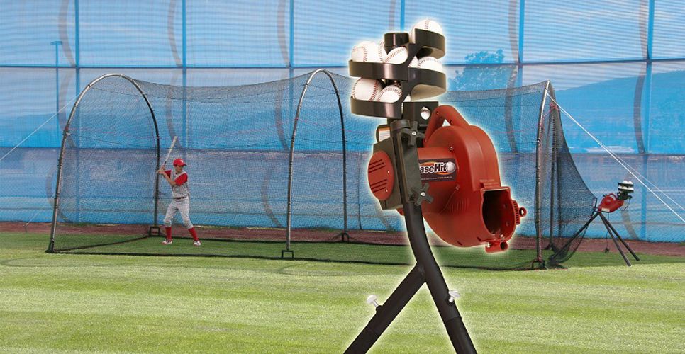 Heater BaseHit Baseball Pitching Machine &amp; Xtender 24' Batting Cage