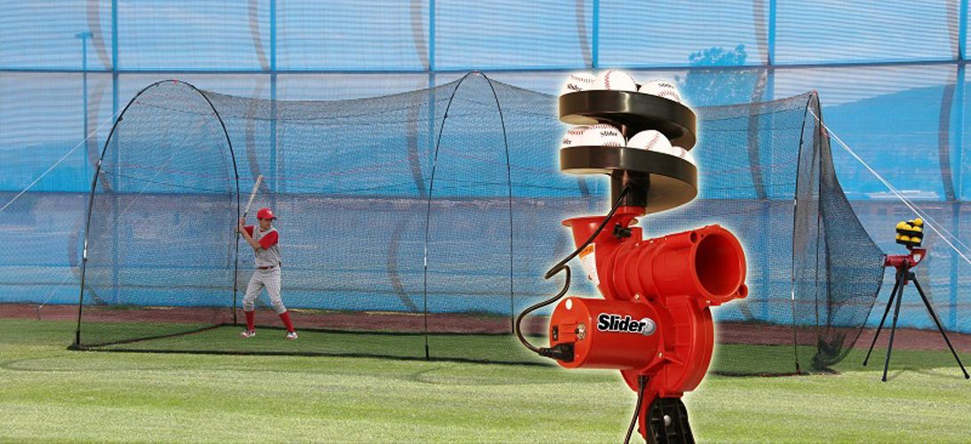 Heater Slider Lite-Ball Baseball Pitching Machine &amp; PowerAlley 20' Batting Cage
