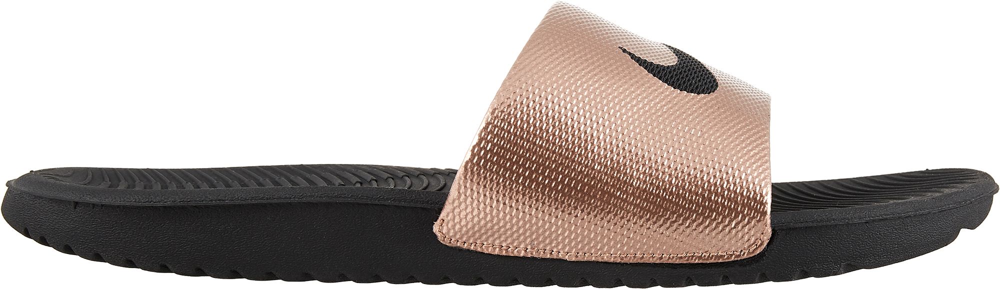 black and rose gold nike slides