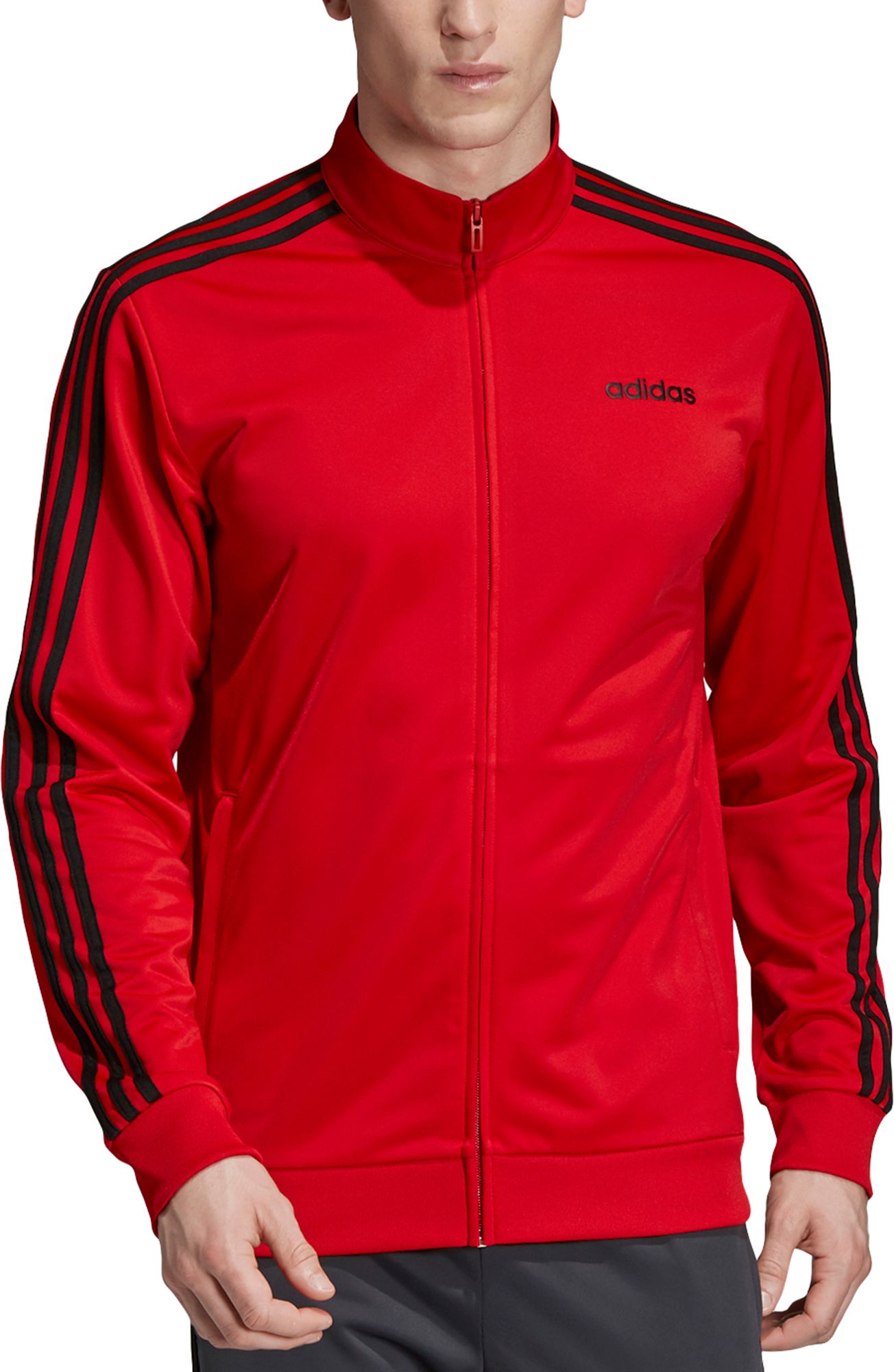 black adidas track jacket with red stripes