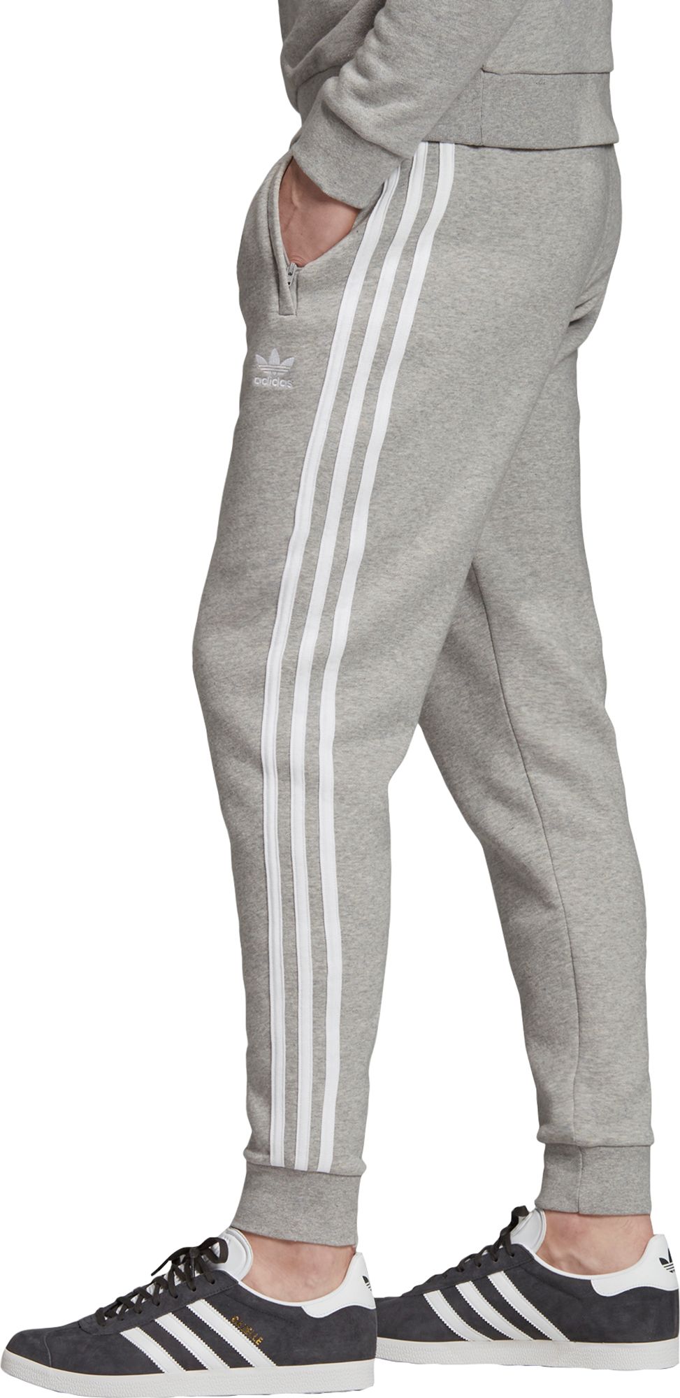 adidas grey joggers white stripes