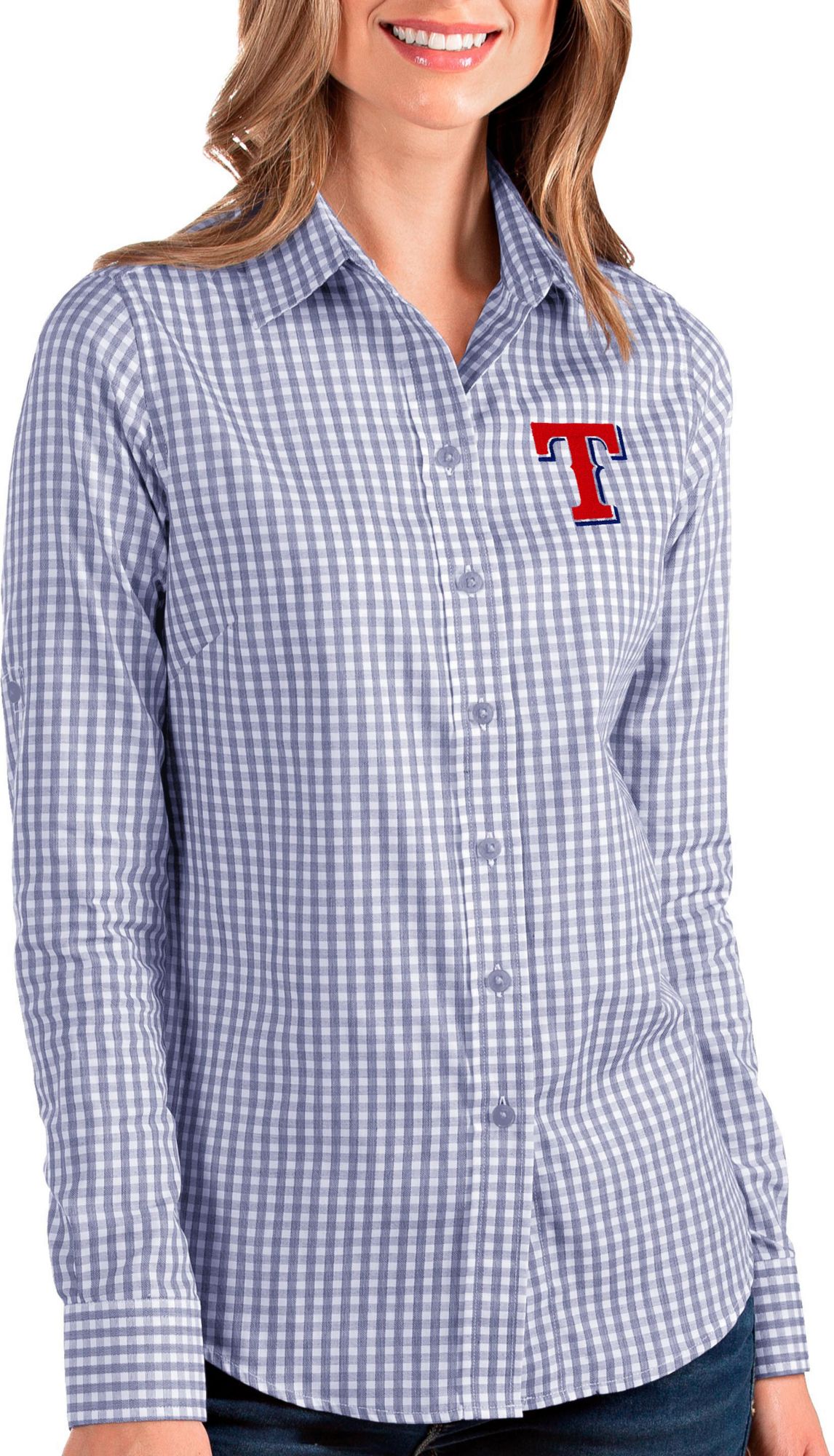 Antigua Apparel / Women's Texas Rangers Structure Royal Long Sleeve Button  Down Shirt