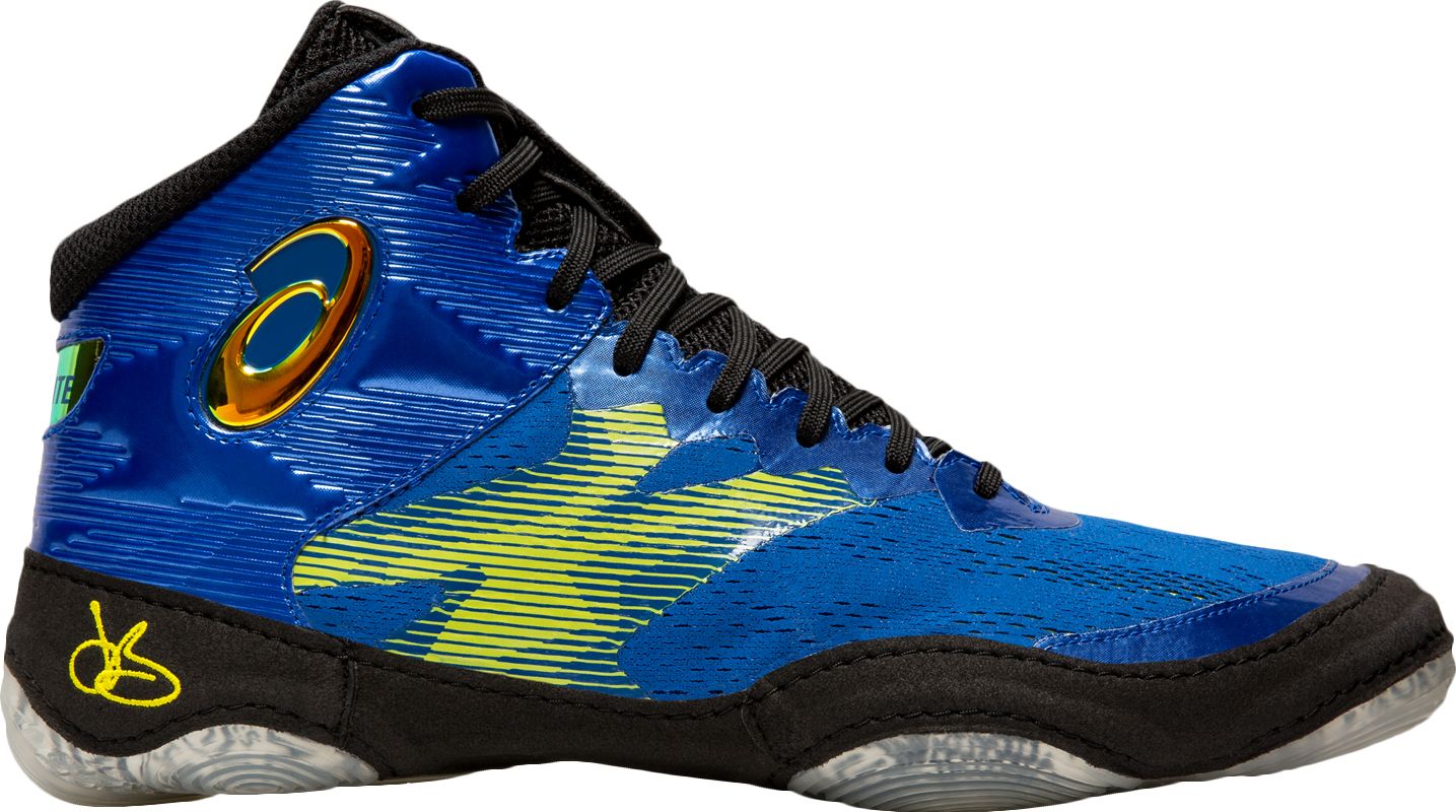 blue and gold wrestling shoes