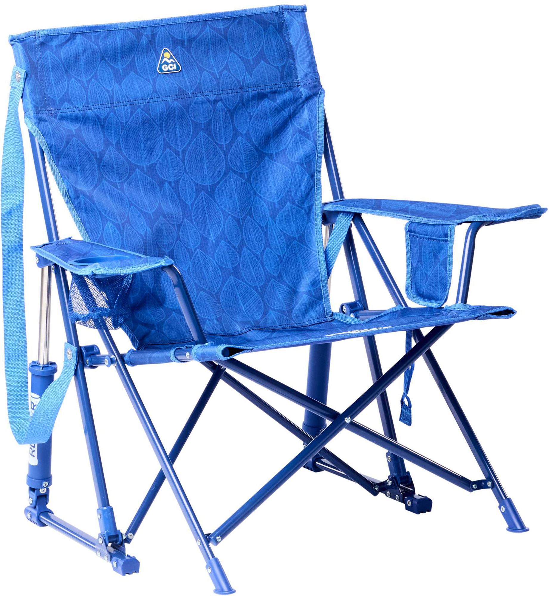 Outdoor recliner chair in royal blue patterned fabric.