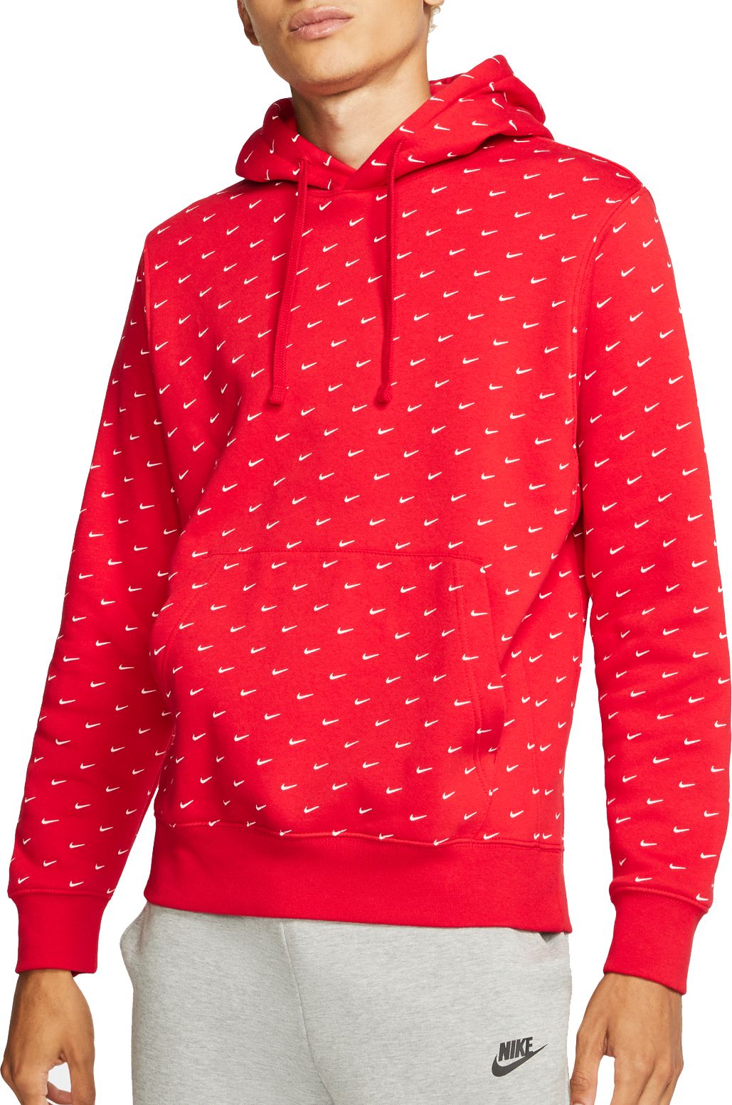 red nike hoodie with nike signs all over