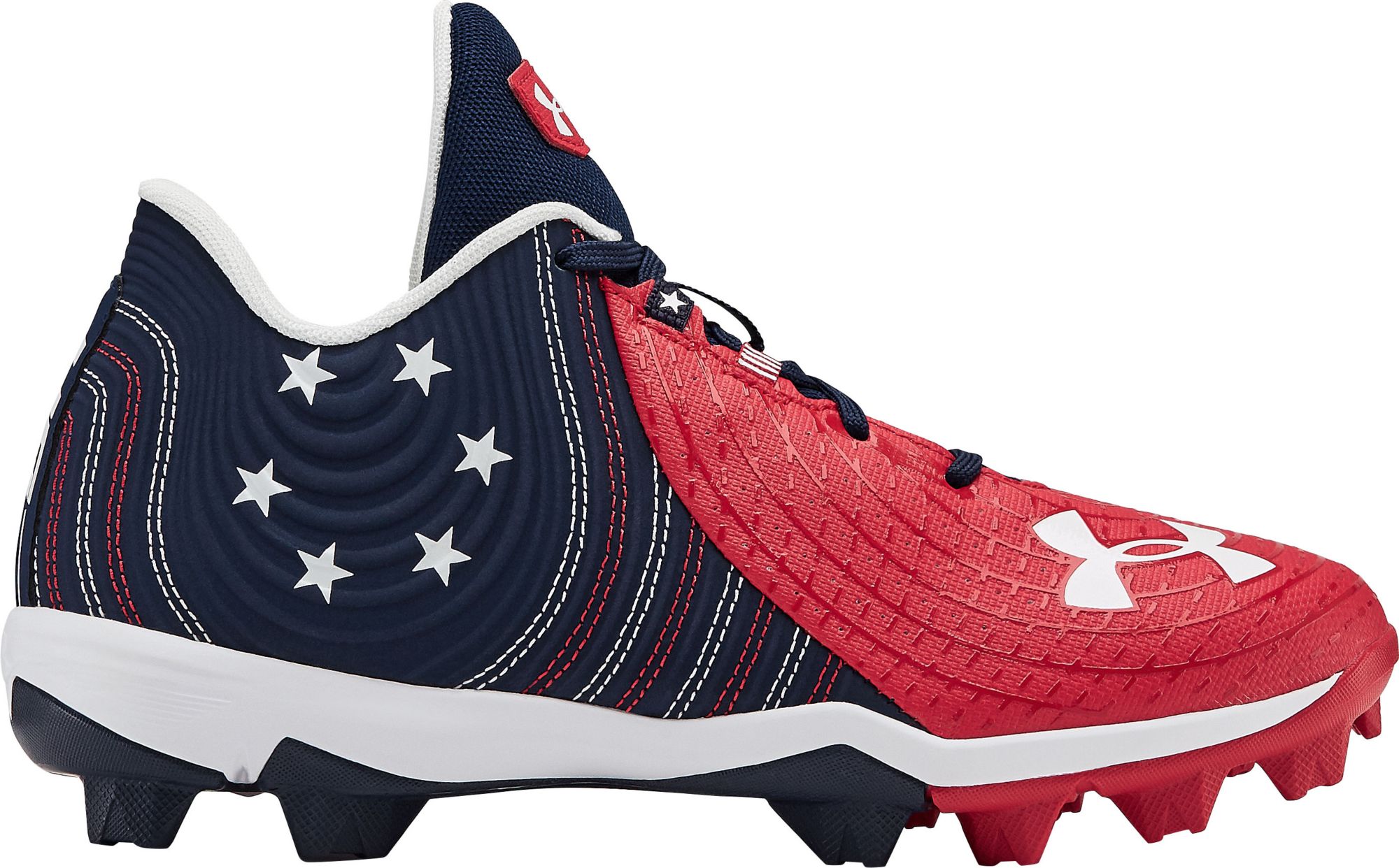 red and blue baseball cleats