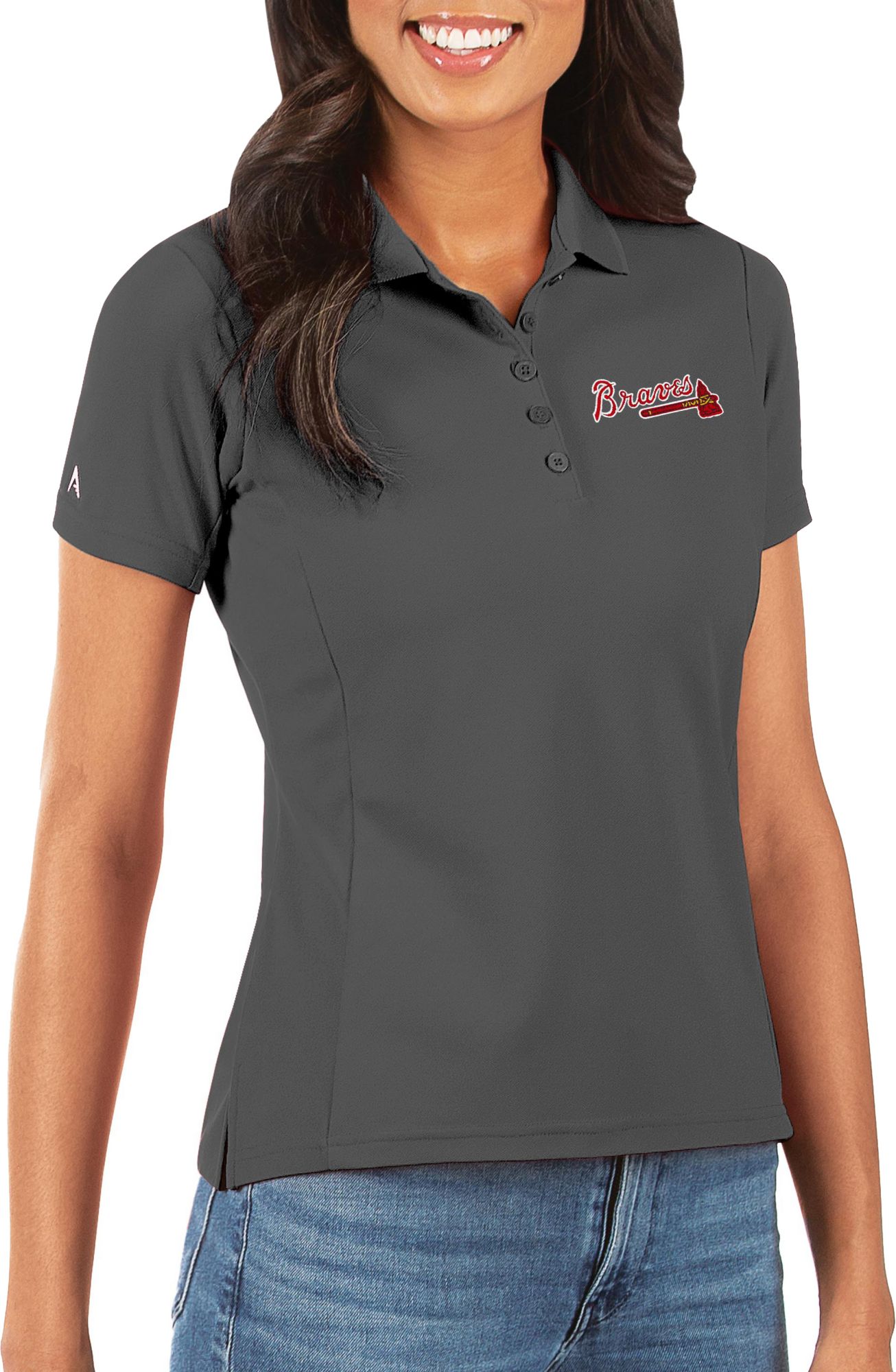 Antigua Women's Atlanta Braves Red Tribute Long Sleeve Performance Polo