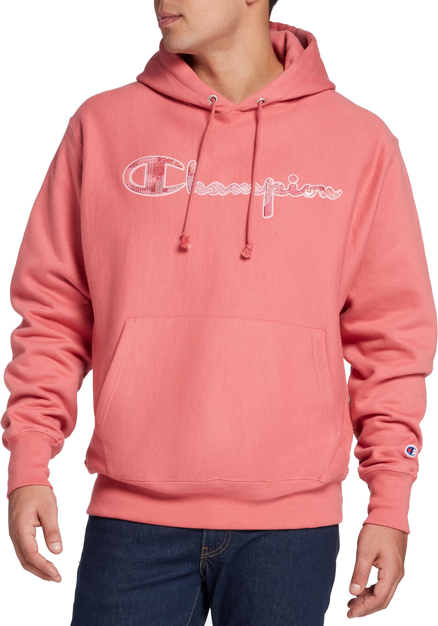 men pink champion hoodie