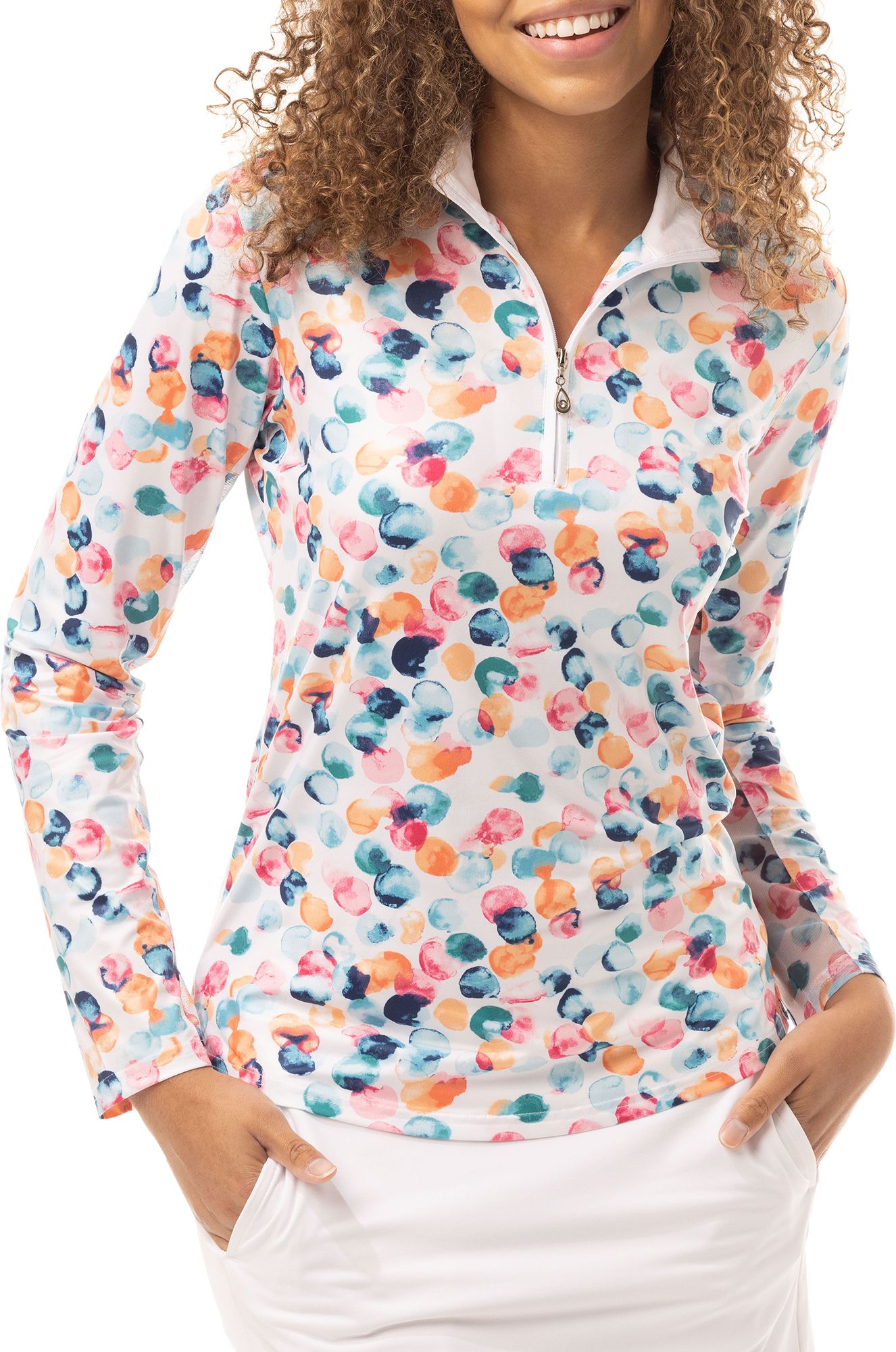 SanSoleil Women's Solcool Print Mock Neck Long Sleeve Golf Shirt