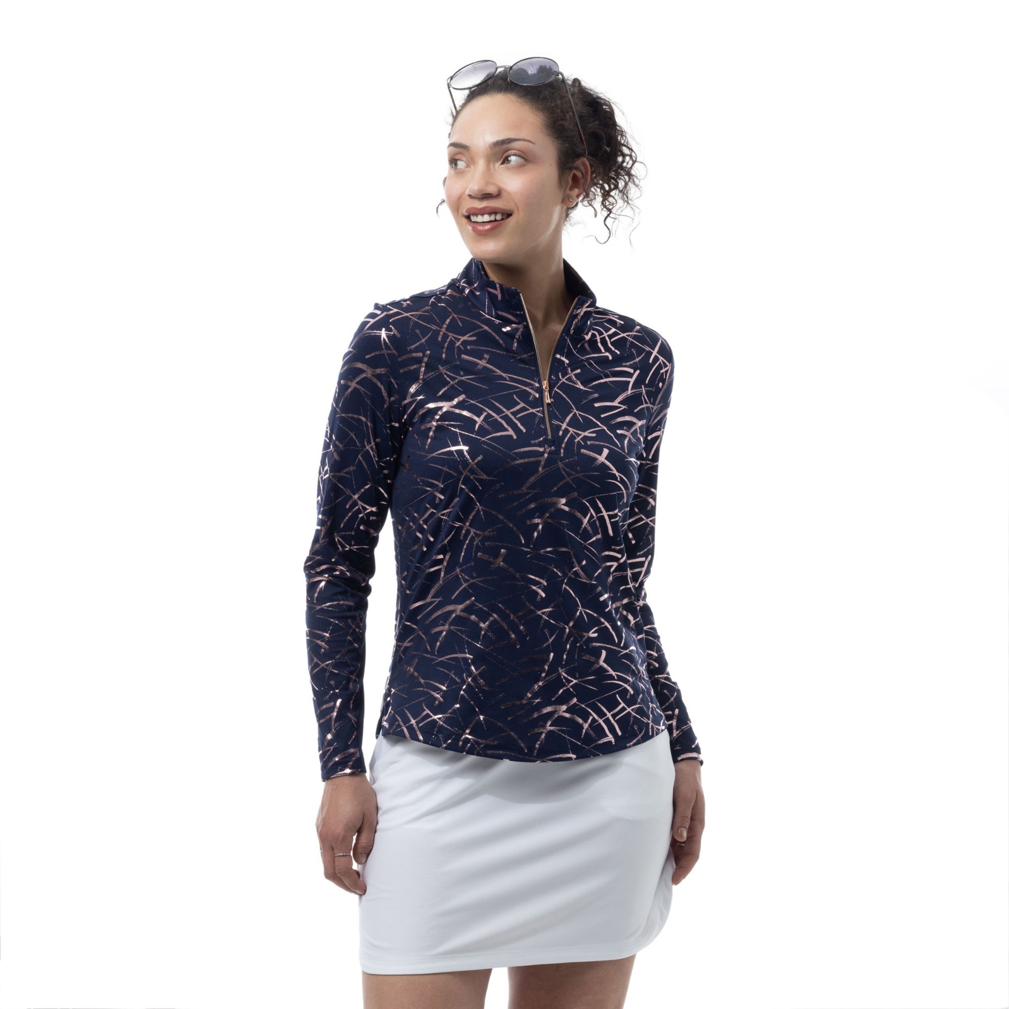 SanSoleil Women's Solcool Print Mock Neck Long Sleeve Golf Shirt, XXL, Halley Navy Rose Gold Brown