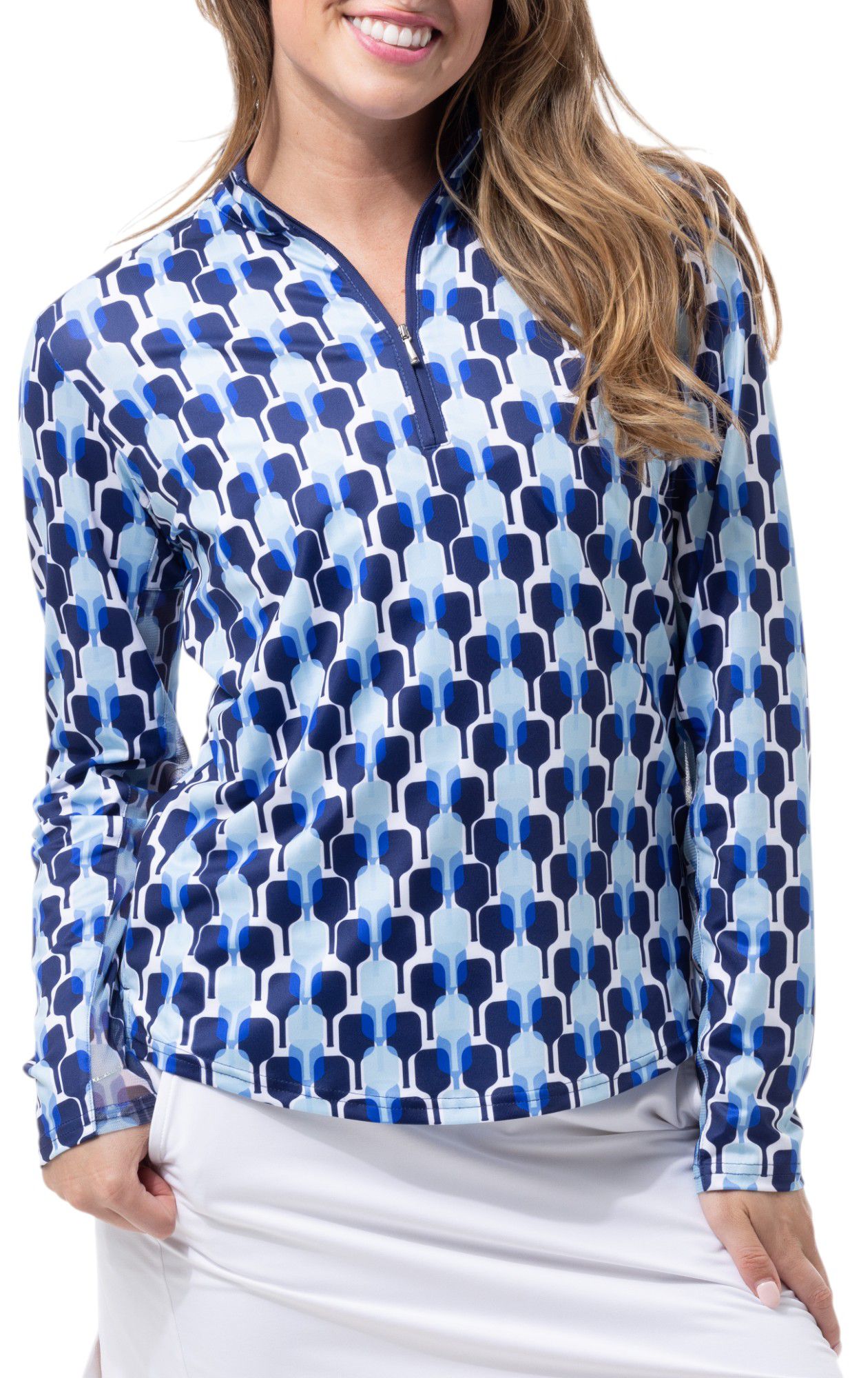 SanSoleil Women's Solcool Print Mock Neck Long Sleeve Golf Shirt
