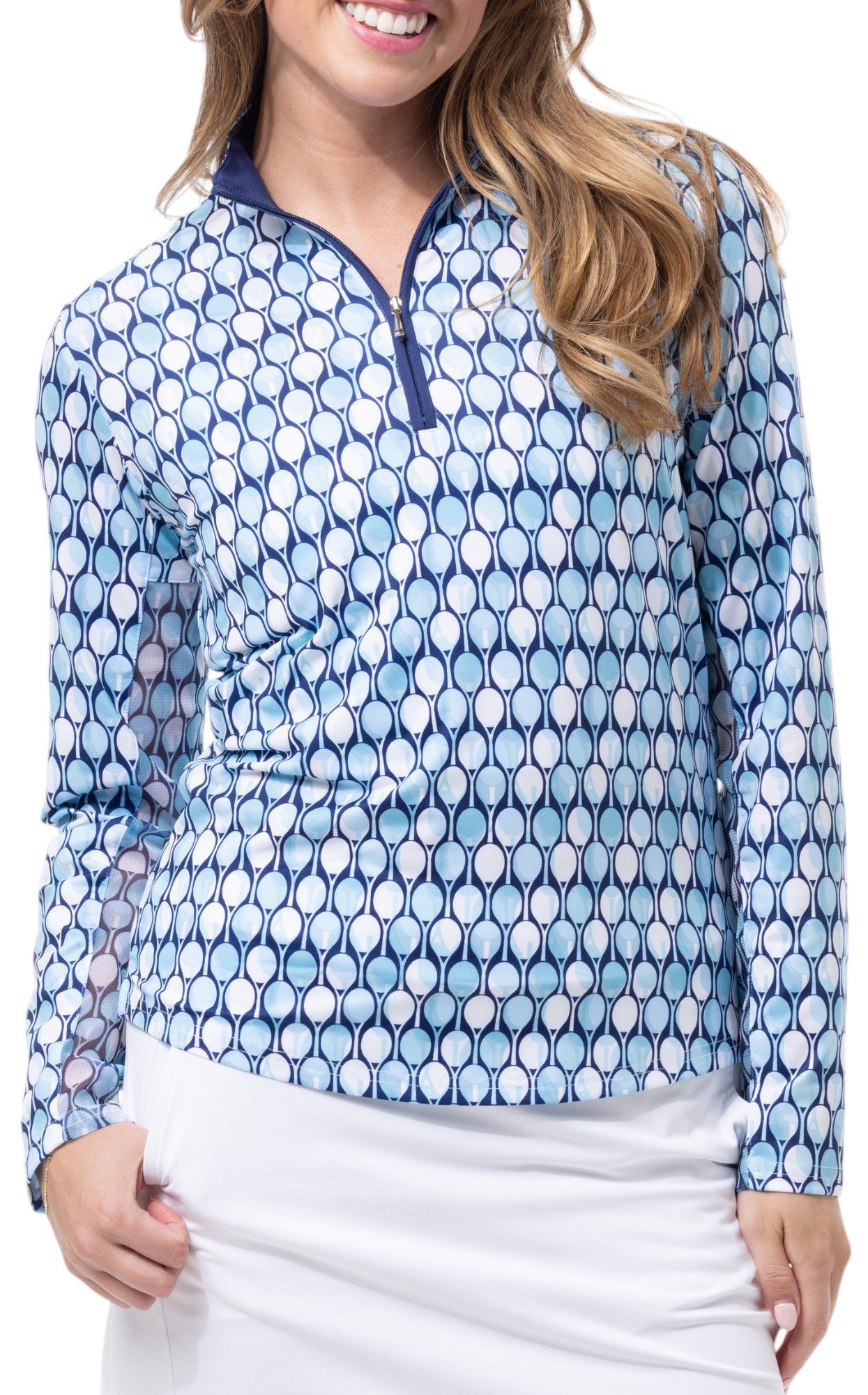 SanSoleil Women's Solcool Print Mock Neck Long Sleeve Golf Shirt