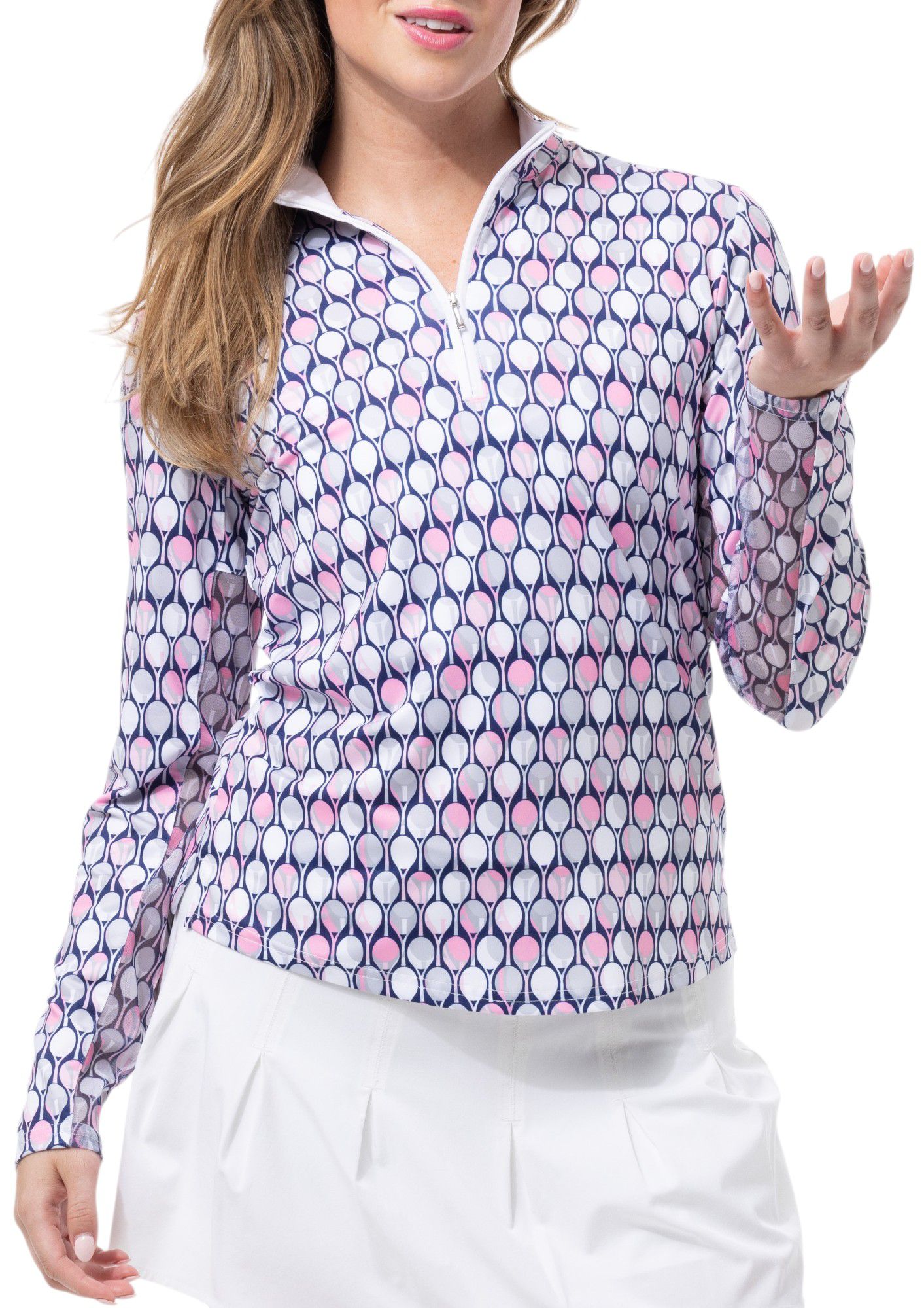 SanSoleil Women's Solcool Print Mock Neck Long Sleeve Golf Shirt